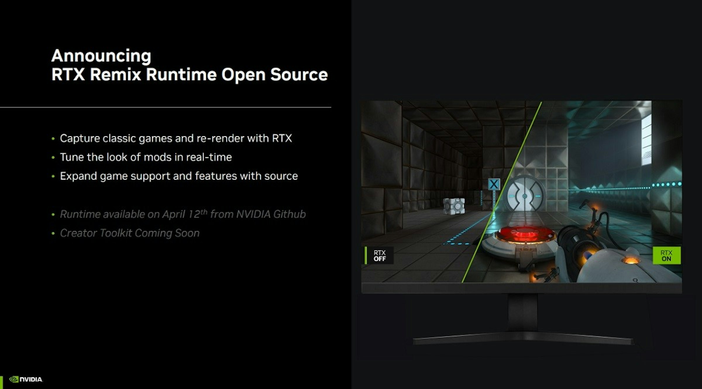 照片中提到了NVIDIA、Announcing、RTX Remix Runtime Open Source，包含了視覺效果、多媒體、電腦、軟件、個人電腦