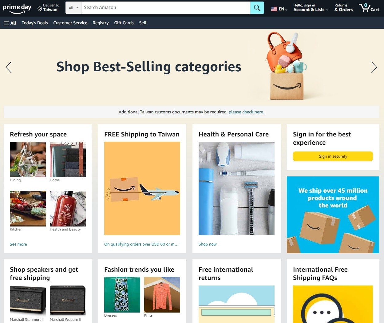 照片中提到了Deliver to、prime day Taiwan、All Today's Deals Customer Service Registry Gift Cards Sell,包含了網頁、互聯網、排版、列印、購物