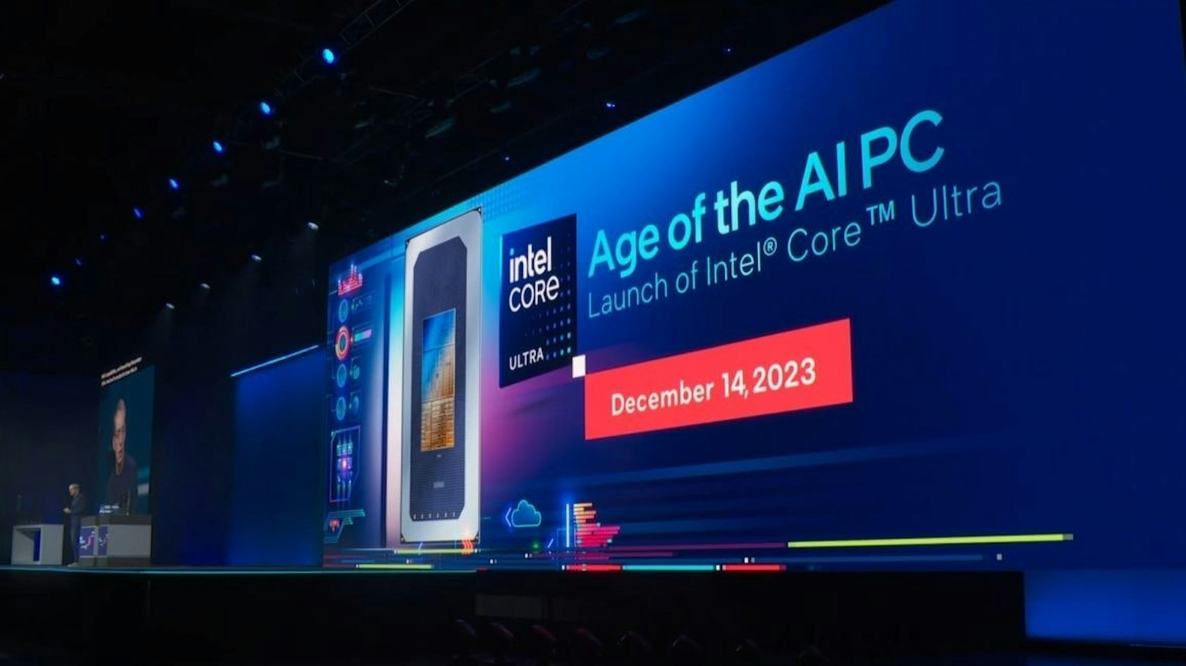 照片中提到了intel、CoRe Age of the AIPC、Launch of Intel® Core TM Ultra，包含了英特爾創新 2023 人工智慧、英特爾、英特爾、英特爾核心、中央處理器