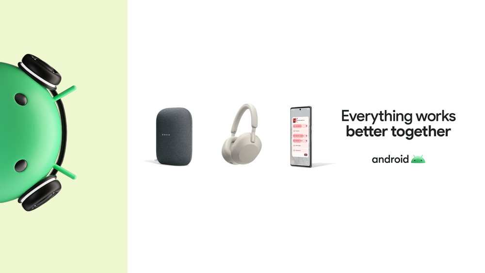 照片中提到了Everything works、better together、android,包含了通訊、安卓系統、通訊、谷歌、2023國際消費電子展