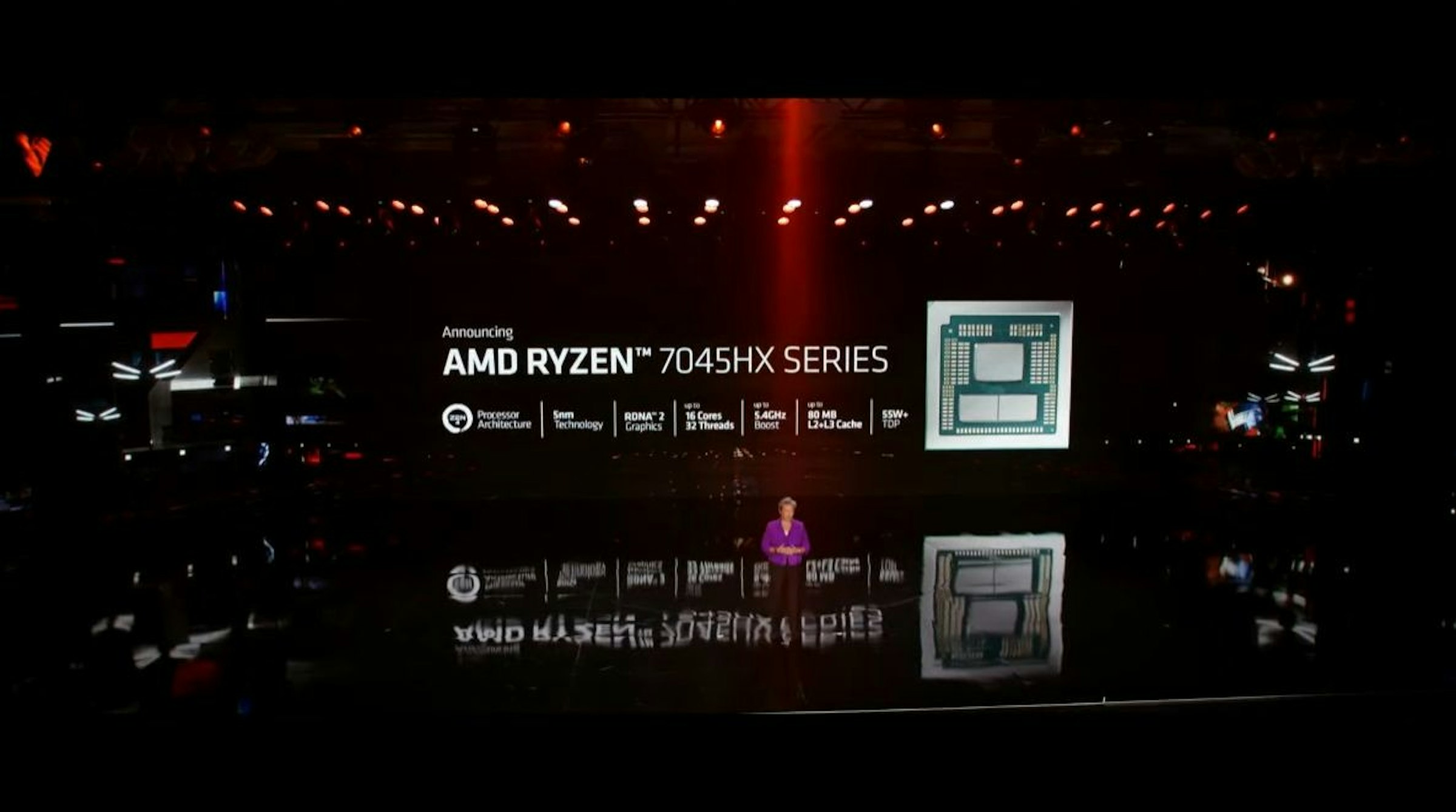 照片中提到了Announcing、AMD RYZEN™ 7045HX SERIES、Processor，包含了晚、霓虹燈、字形、文本、娛樂