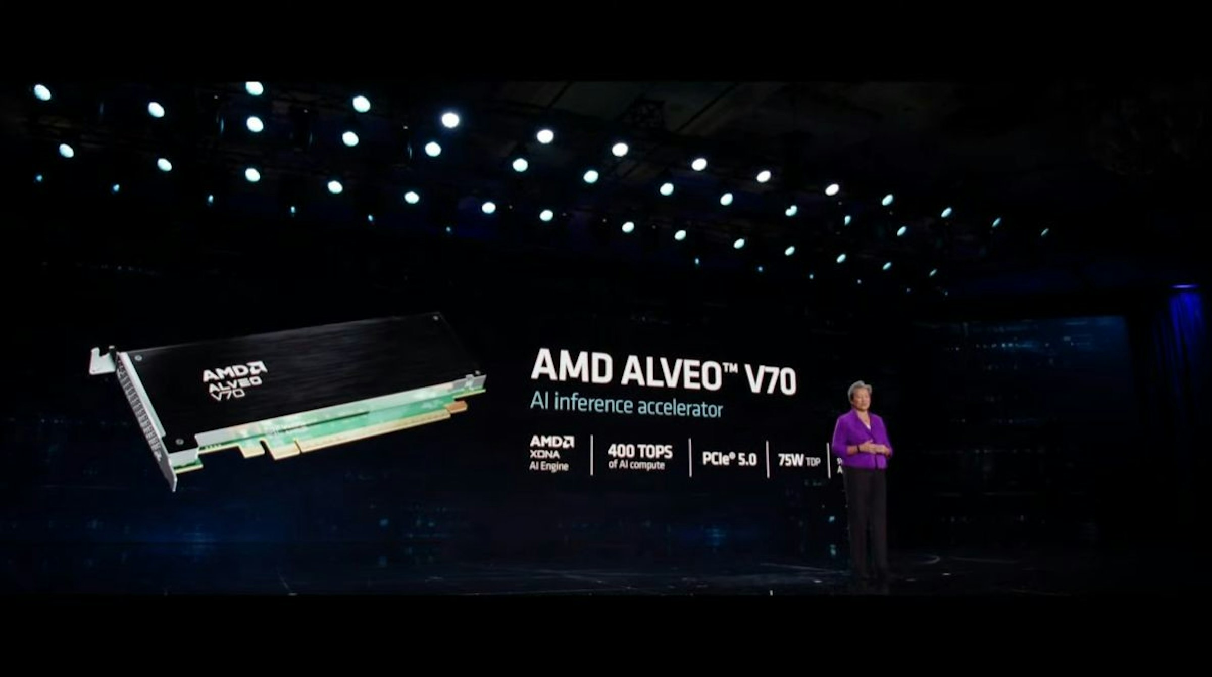 照片中提到了AMDA、LVED、AMD ALVEO V70，跟Advanced Micro Devices公司有關，包含了階段、黑暗、晚、顯示裝置、字形