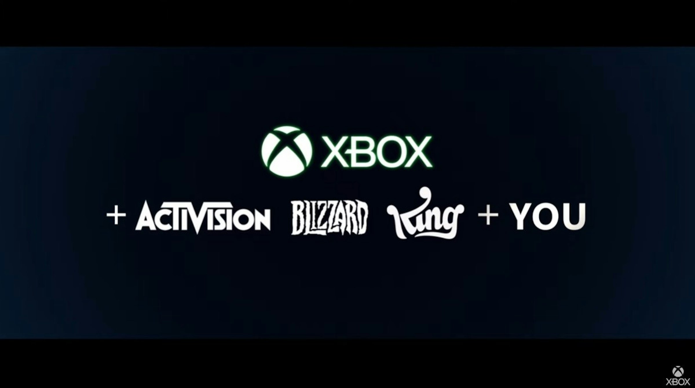 照片中提到了XBOX、+ ACTIVISION BIZZARD King + YOU、XBOX，跟動視暴雪、的Xbox有關，包含了微軟收購 Zenimax、Xbox One、Xbox 360、Xbox系列X和系列S、ZeniMax媒體