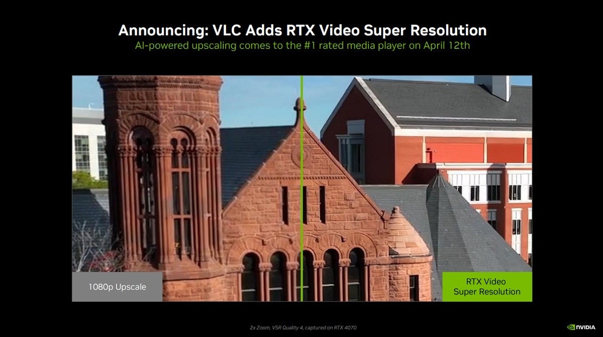照片中提到了Announcing: VLC Adds RTX Video Super Resolution、Al-powered upscaling comes to the #1 rated media player on April 12th、1080p Upscale，包含了英偉達RTX、NVIDIA GeForce RTX、英偉達、英偉達、英偉達RTX