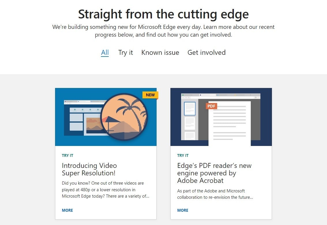 照片中提到了Straight from the cutting edge、We're building something new for Microsoft Edge every day. Learn more about our recent、progress below, and find out how you can get involved.,包含了網頁、產品、產品設計、牌、網頁