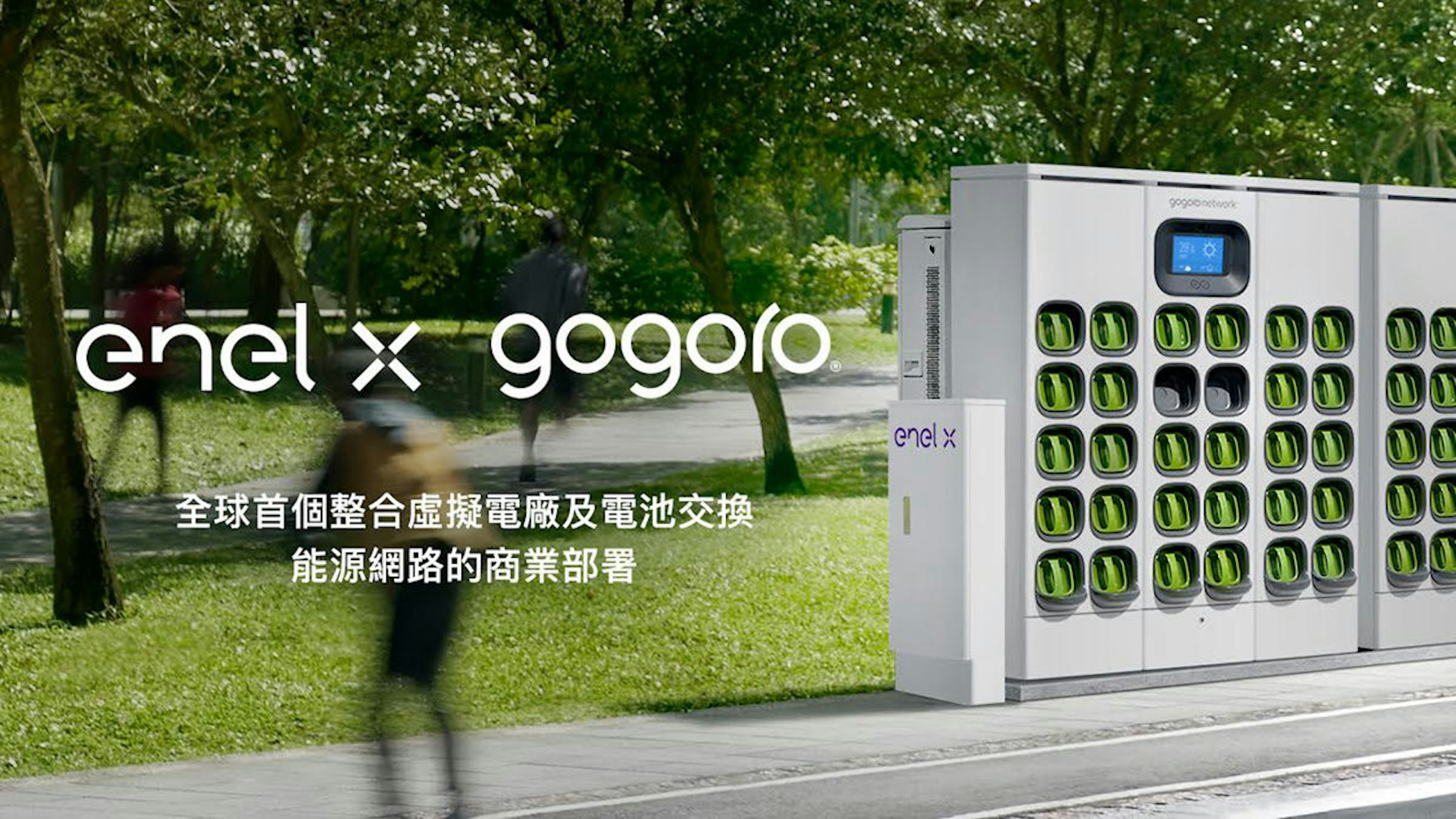 照片中提到了enel x gogoro、全球首個整合虛擬電廠及電池交換、能源網路的商業部署，包含了五郎郎、五郎郎、五郎郎、摩托車、電池更換