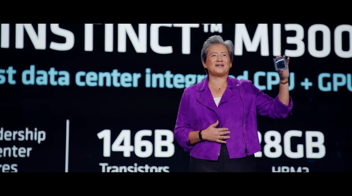 照片中提到了INSTINCT™ MI300、st data center intep、CPU+GPU,包含了公開演講、公共關係、牌、字形、文本