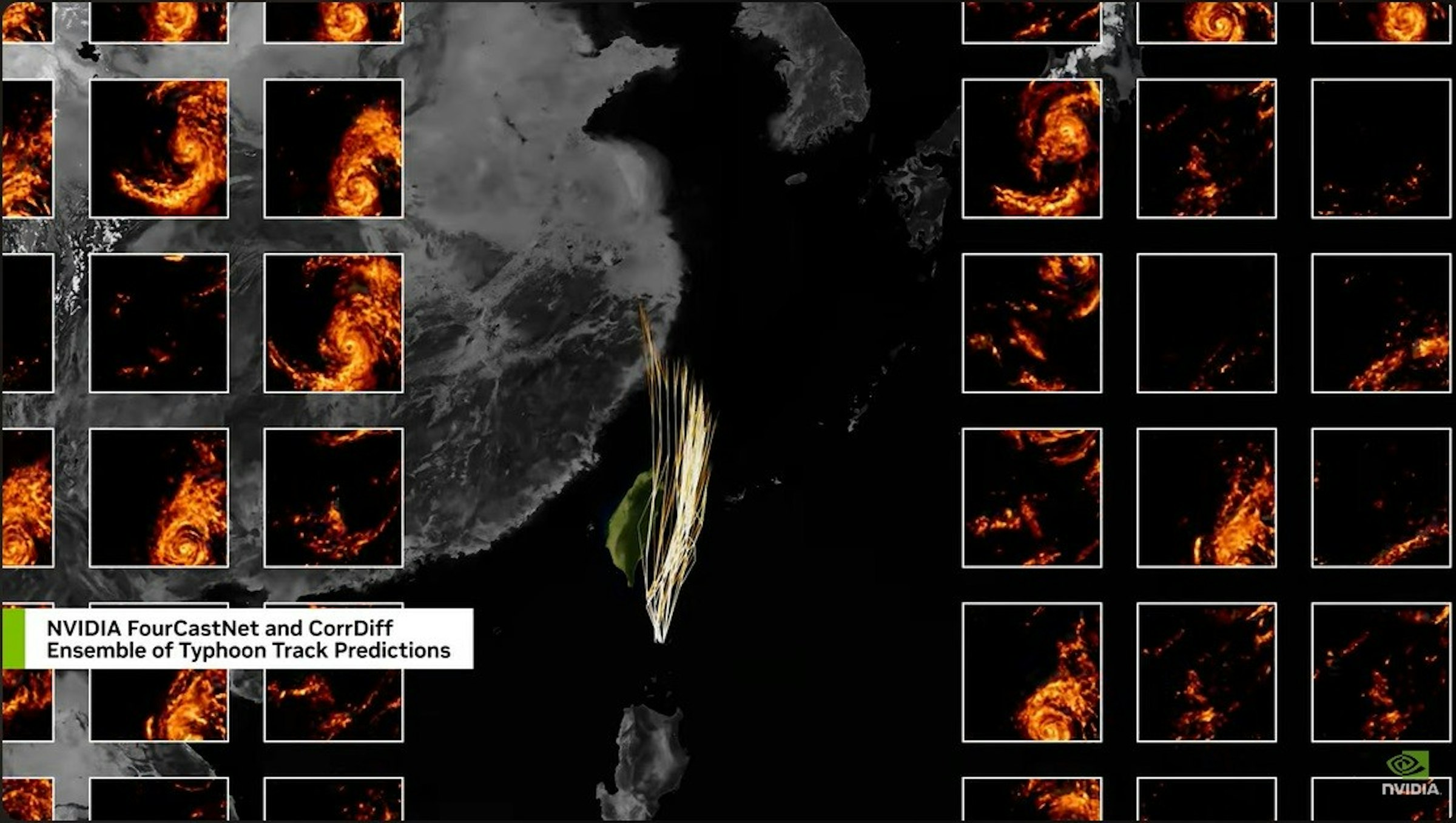 照片中提到了NVIDIA FourCast Net and CorrDiff、Ensemble of Typhoon Track Predictions、NVIDIA，跟英偉達有關，包含了屏幕截圖、台灣、人工智能、媒體、台灣駐美代表