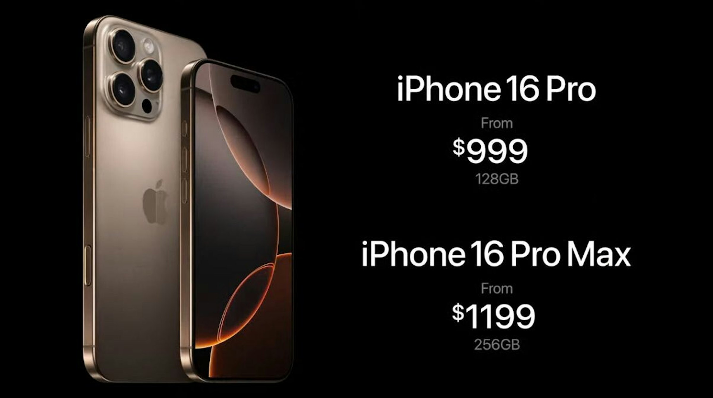 照片中提到了iPhone 16 Pro、From、$999，跟蘋果有關，包含了iPhone 15 Pro Max 256 價格、iPhone 15 專業版、iphone 12 專業版、iPhone 15、iPhone 14 專業版