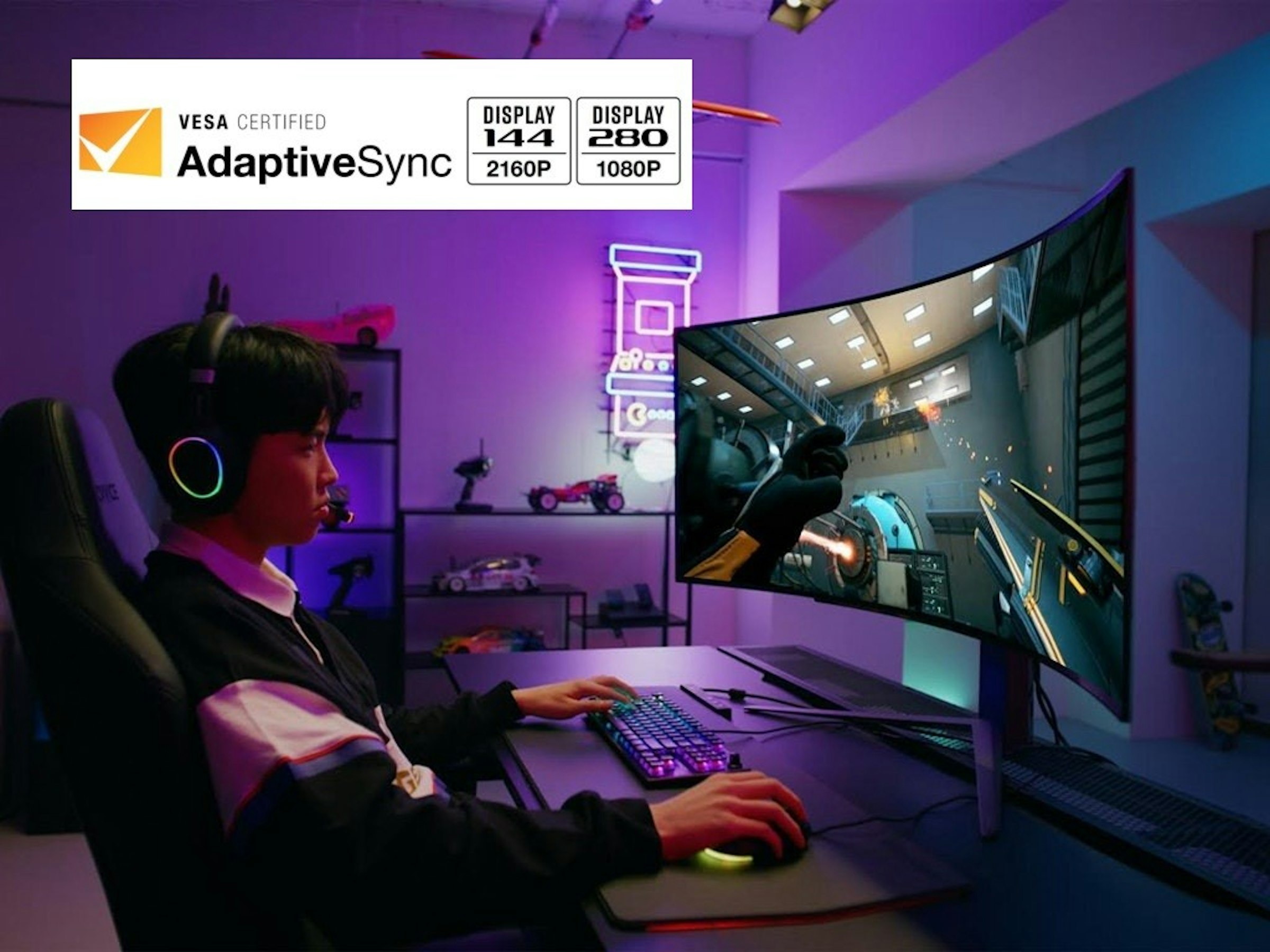 照片中提到了VESA CERTIFIED、AdaptiveSync 2160P、DISPLAY DISPLAY，跟雷克索納有關，包含了LG ultragear 45 puce oled、LG 45GR95QE UltraGear WQHD OLED 曲面遊戲顯示器、LG、240赫茲、27英寸
