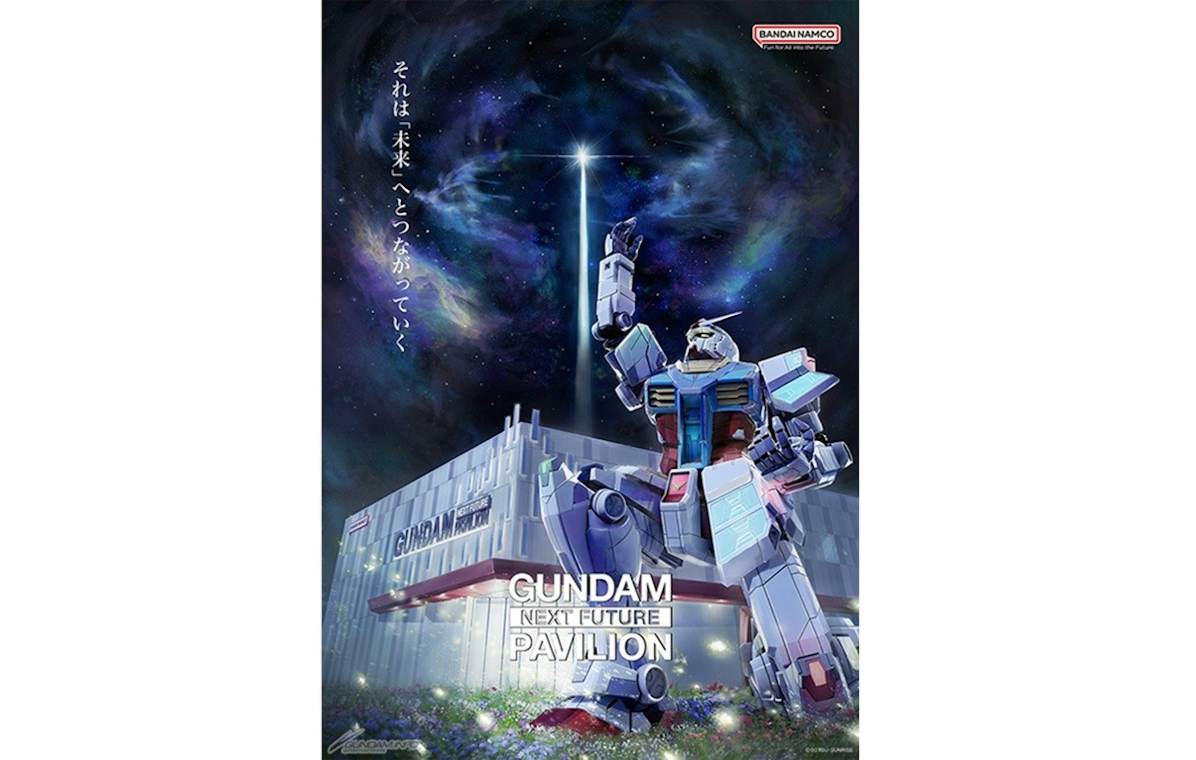 照片中提到了それは「未来」へとつながっていく、GUNDAM、RUNDAMINA，包含了海報、海報、旗幟