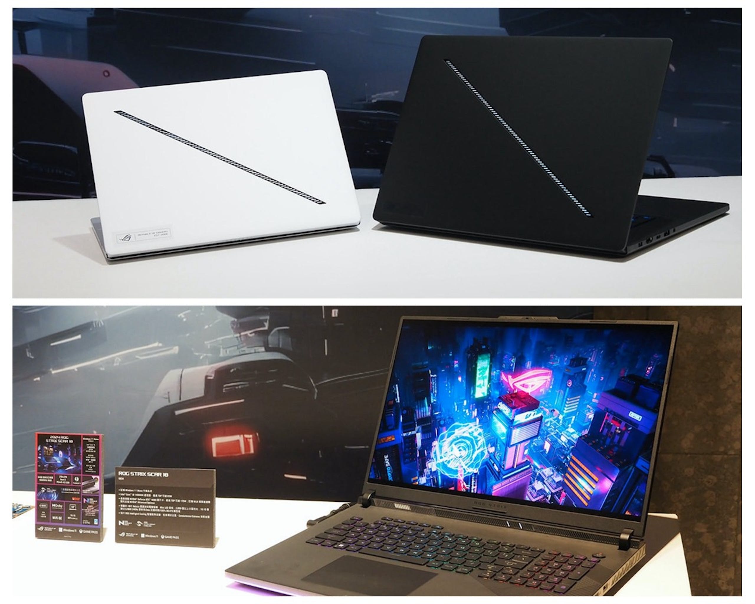 照片中提到了ROG STRIX SCAR 18、• mať toľ" a vetto、MBAR，包含了上網本、電腦硬件、個人電腦、上網本、電腦