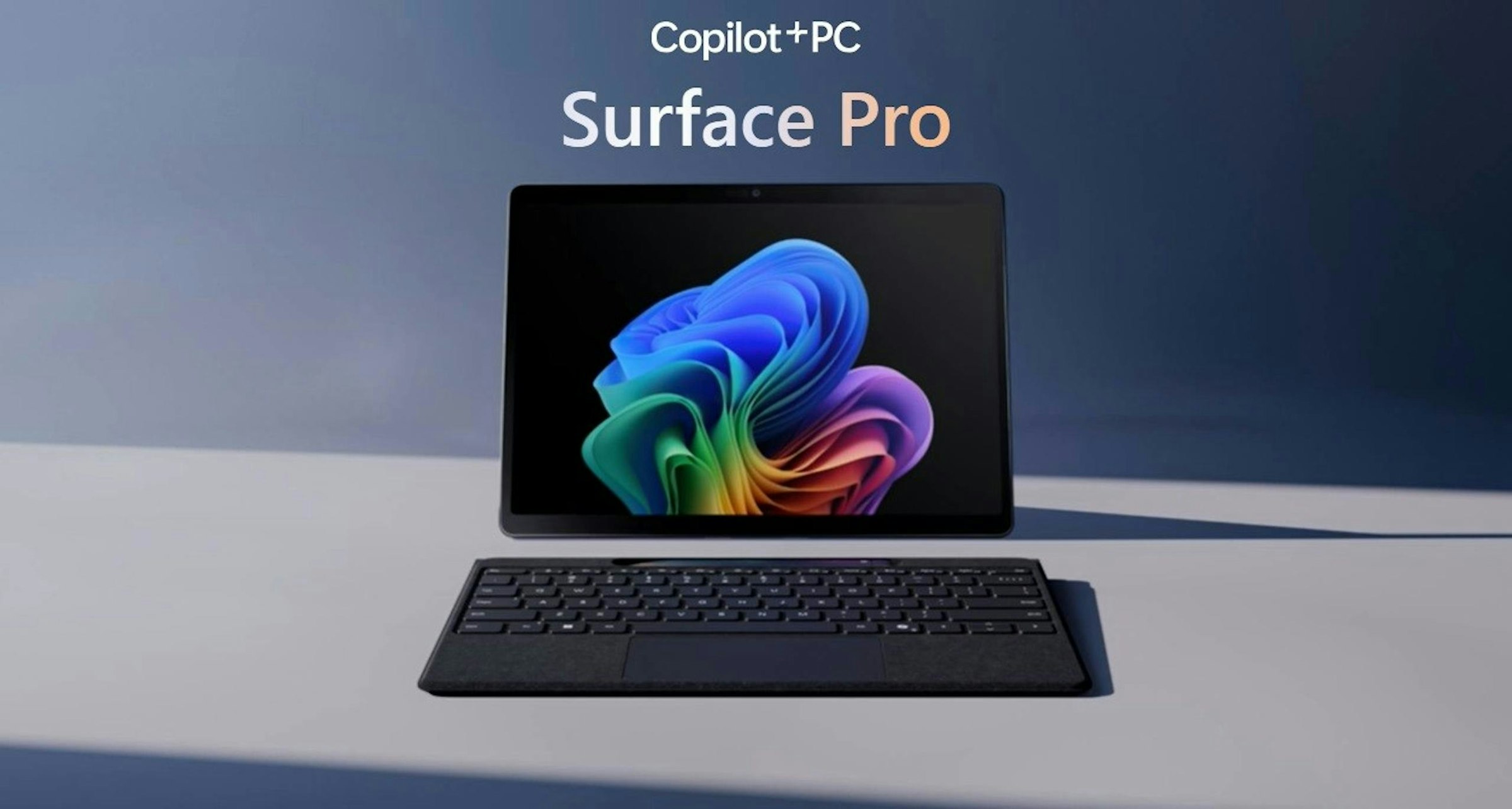 照片中提到了Copilot+PC、Surface Pro，包含了微軟Surface、計算機鍵盤、Surface筆記型電腦、個人電腦、微軟