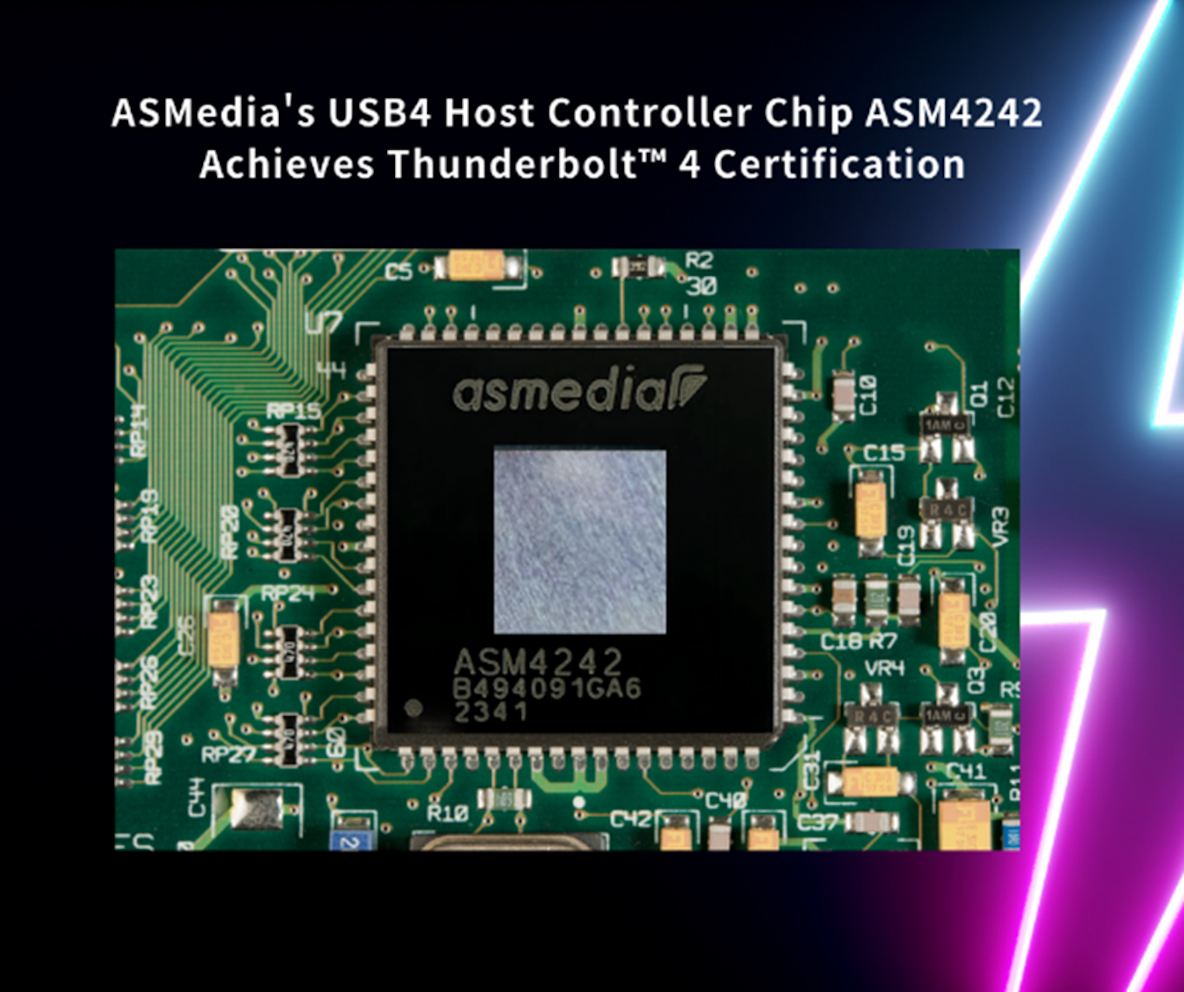 照片中提到了ASMedia's USB4 Host Controller Chip ASM4242、Achieves Thunderbolt™ 4 Certification、RR23 RP19-，包含了電子產品、電子產品、台達電子、電子零件、恩智浦半導體