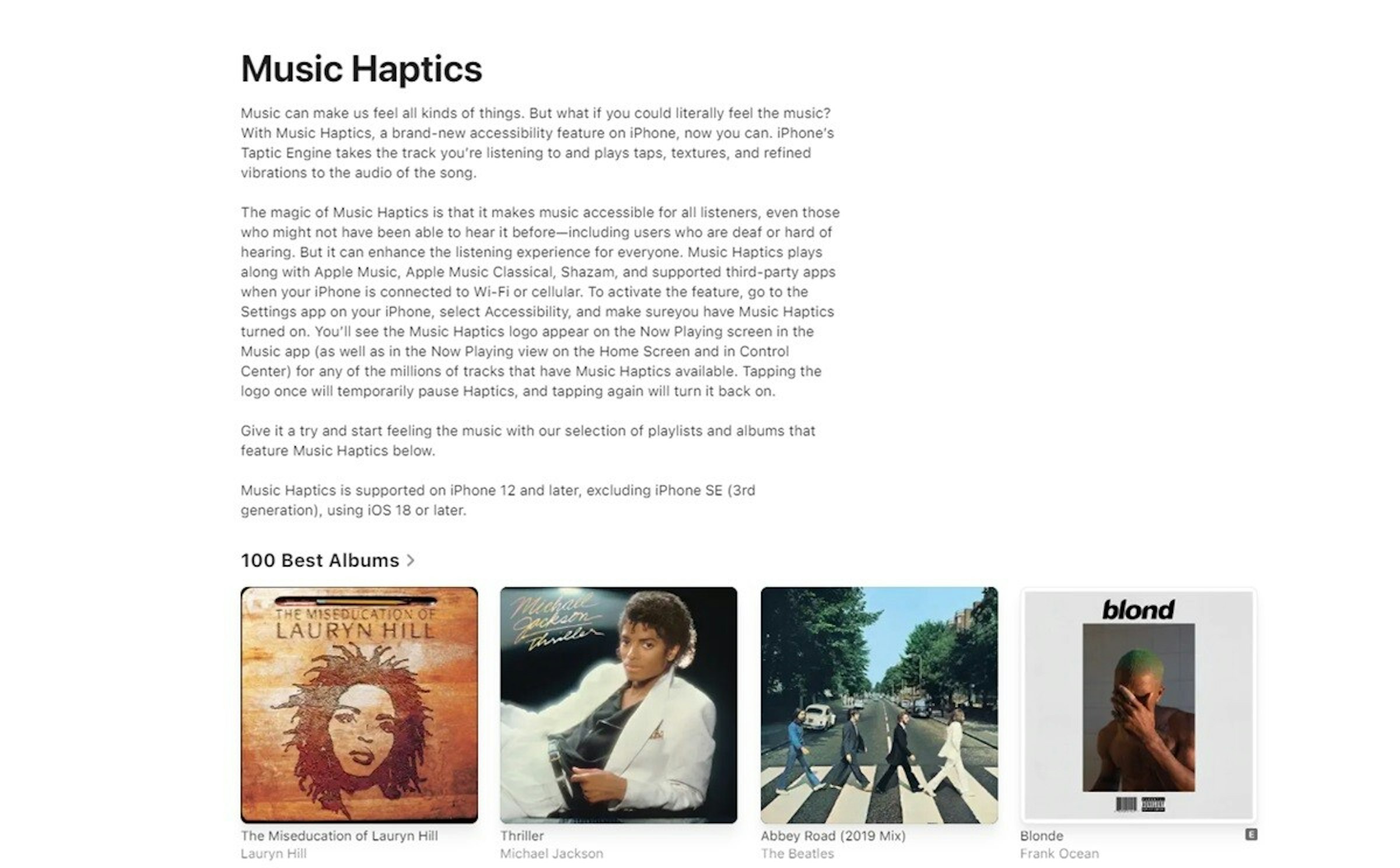 照片中提到了Music Haptics、Music can make us feel all kinds of things. But what if you could literally feel the music?、With Music Haptics, a brand-new accessibility feature on iPhone, now you can. iPhone's，包含了文獻、文本、儀表