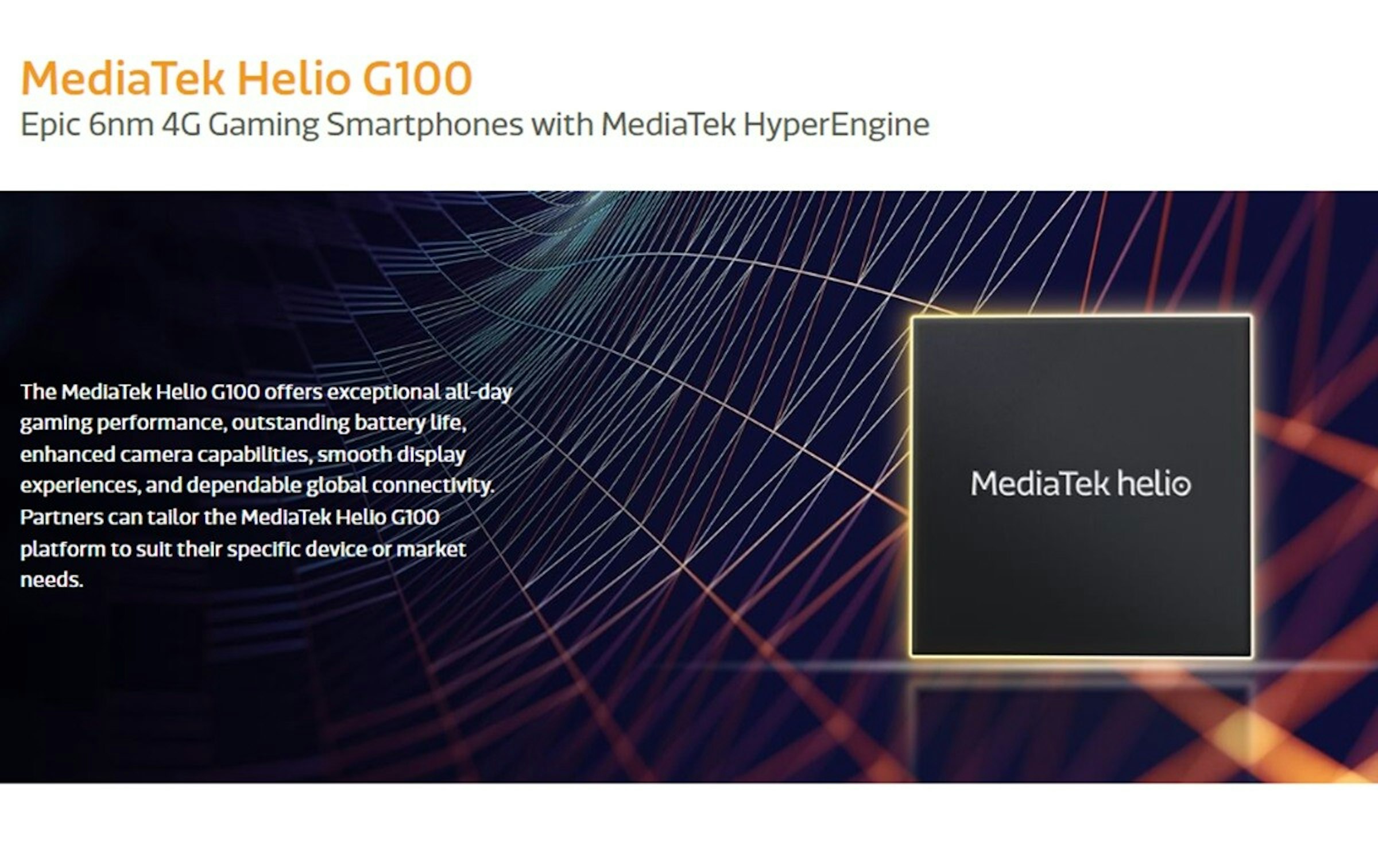 照片中提到了MediaTek Helio G100、Epic 6nm 4G Gaming Smartphones with MediaTek HyperEngine、The MediaTek Hello G100 offers exceptional all-day，包含了聯發科 Helio G91 SoC、聯發科、聯發科、片上系統、集成電路