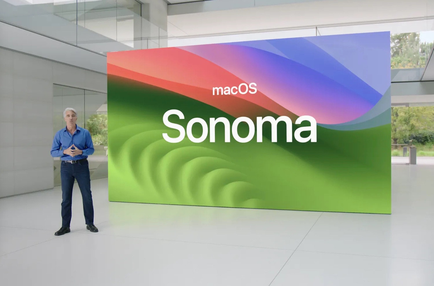 照片中提到了macOS、Sonoma,跟簽名有關,包含了展示廣告、數碼展示廣告、顯示裝置、牌、旗幟