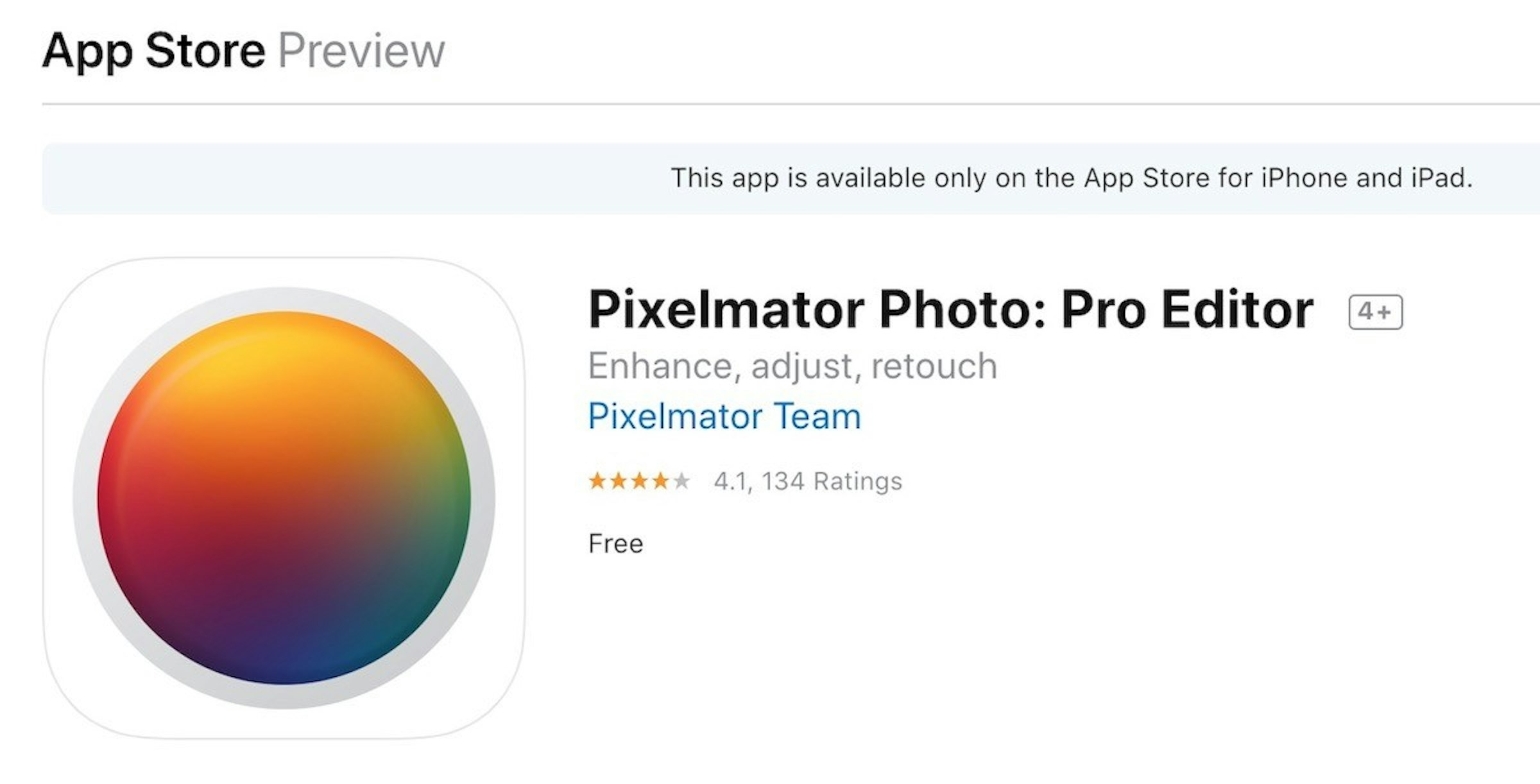 照片中提到了App Store Preview、This app is available only on the App Store for iPhone and iPad.、Pixelmator Photo: Pro Editor，包含了球、牌、產品設計、產品、字形