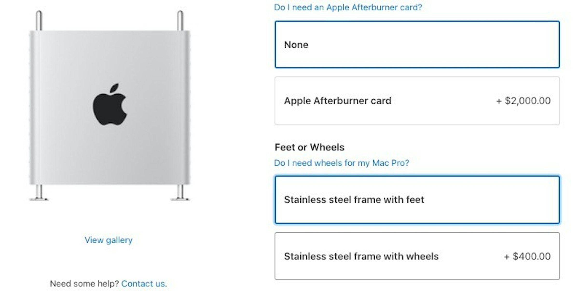 照片中提到了Do I need an Apple Afterburner card?、None、+ $2,000.00，跟蘋果公司。有關，包含了新蘋果Mac Pro、蘋果MacBook Pro、蘋果Mac Pro、蘋果、Pro Display XDR