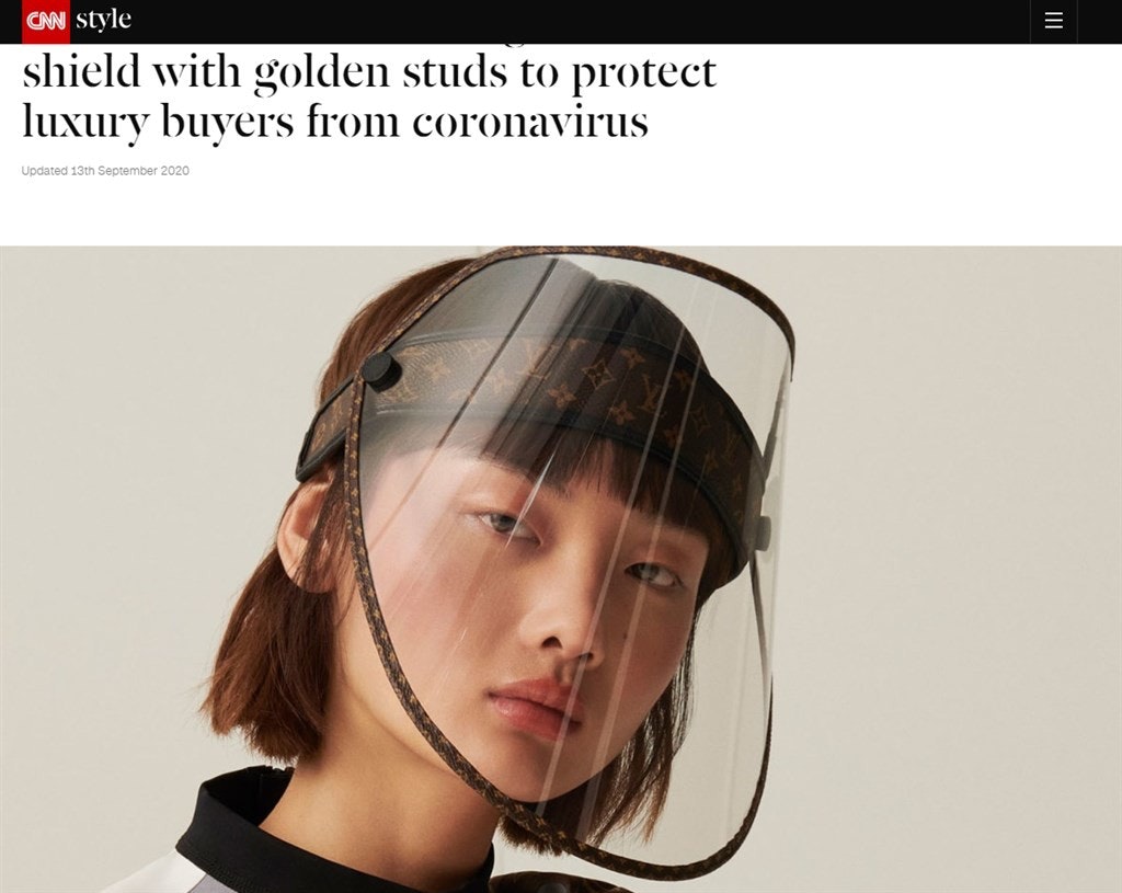 照片中提到了CAN style、shield with golden studs to protect、luxury buyers from coronavirus，包含了路易威登、路易威登、面罩、奢侈品、時尚