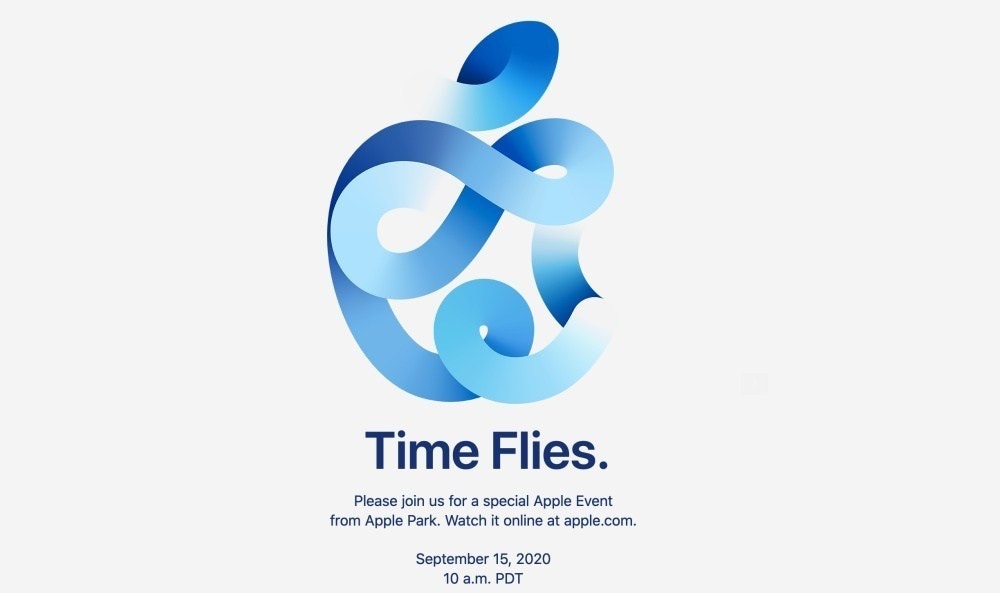 照片中提到了Time Flies.、Please join us for a special Apple Event、from Apple Park. Watch it online at apple.com.，跟合作者有關，包含了平面設計、蘋果、蘋果、設計、電腦