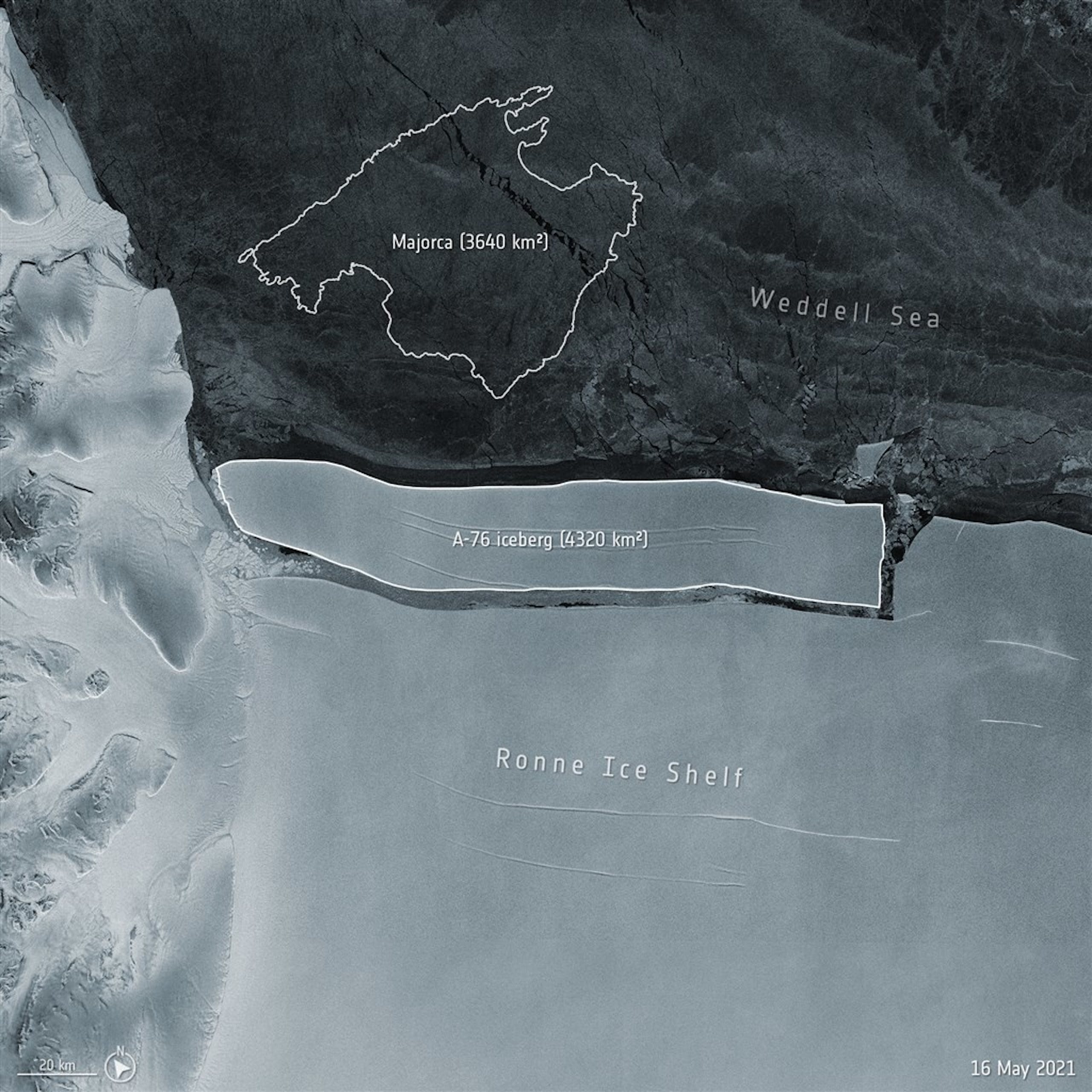 照片中提到了Majorca (3640 km?)、Weddell Sea、A-76 iceberg (4320 km2)，包含了冰山、產冰、Filchner–Ronne冰架、南極洲、韋德爾海