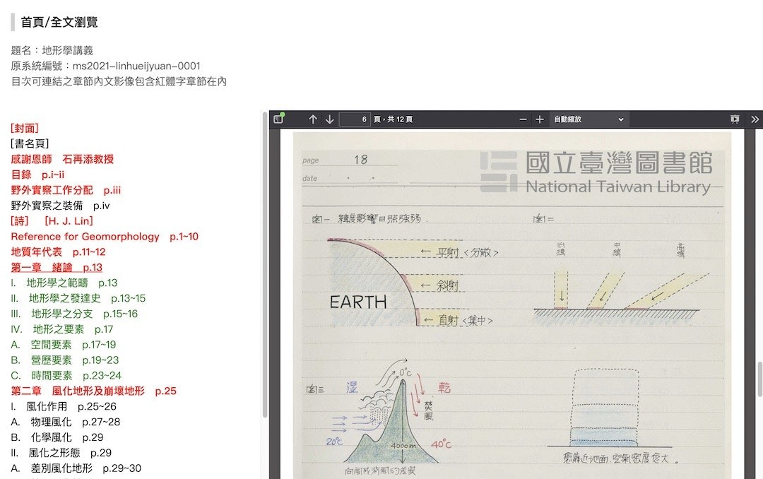 照片中提到了首頁/全文瀏覽、題名:地形學講義、原系統編號:ms2021-linhueijyuan-0001，包含了軟件、線、紙、軟件、圖