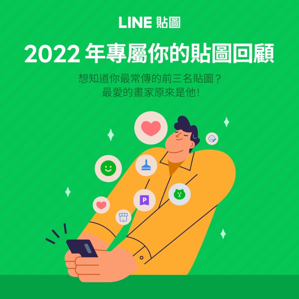 照片中提到了LINE 貼圖、2022 年專屬你的貼圖回顧、想知道你最常傳的前三名貼圖?，跟線公司有關，包含了貼圖、貼圖、2022年、線、圖片