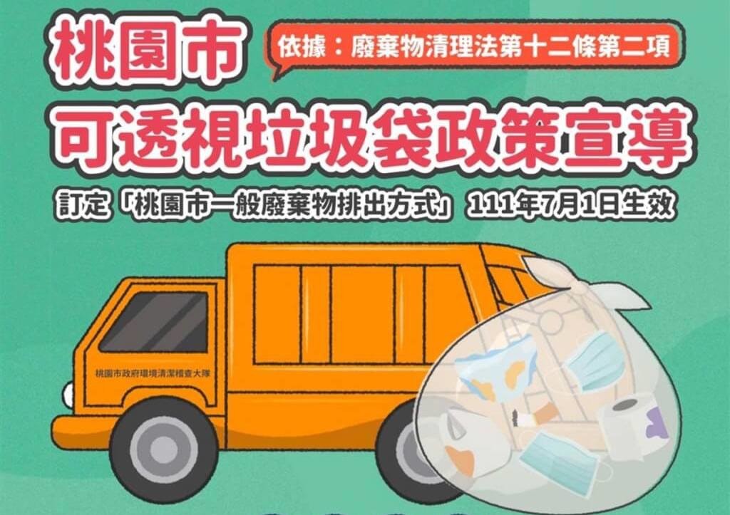 照片中提到了挑園市、可透視垃圾袋政策宣導、依據:廢棄物清理法第十二條第二項,包含了浪費、浪費、回收利用、台灣、疫苗接種