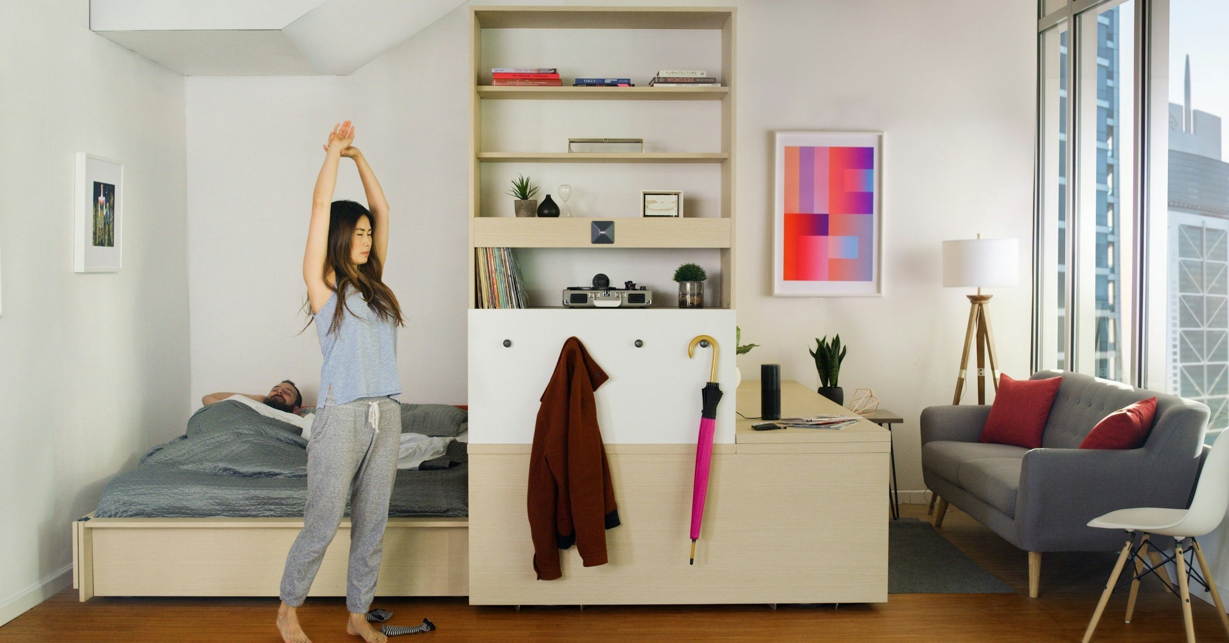 Furniture, Apartment, Design, House, Room, Robotics, Bed, Living room, Robot, , ori systems, room, furniture, shelving, shelf, interior design, clothes hanger, product, home, floor, wardrobe