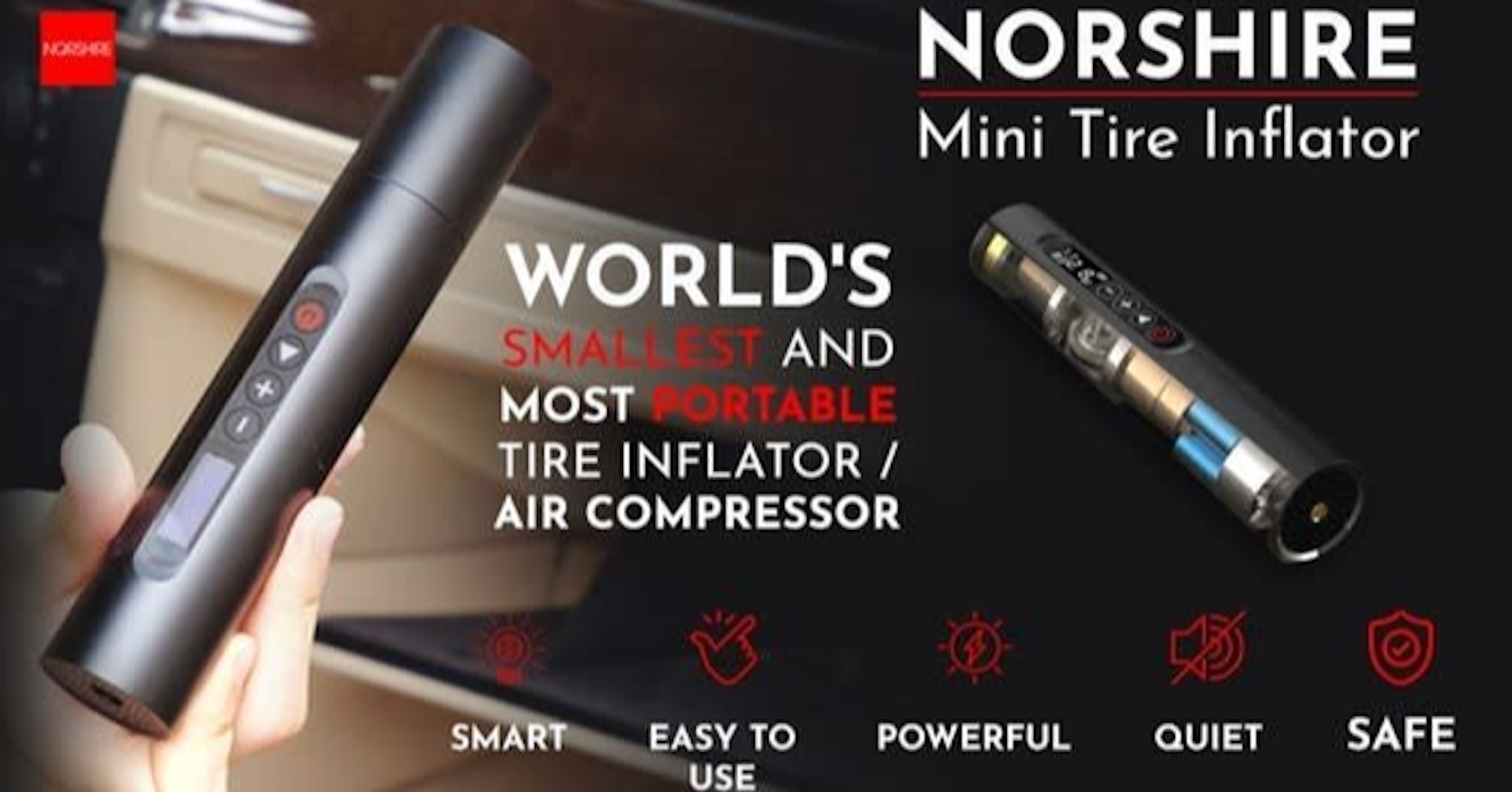 照片中提到了NORSHIRE、NORSHRE、Mini Tire Inflator，跟包裹力量有關，包含了諾郡康普索、汽車、壓縮機、汽車輪胎、氣泵