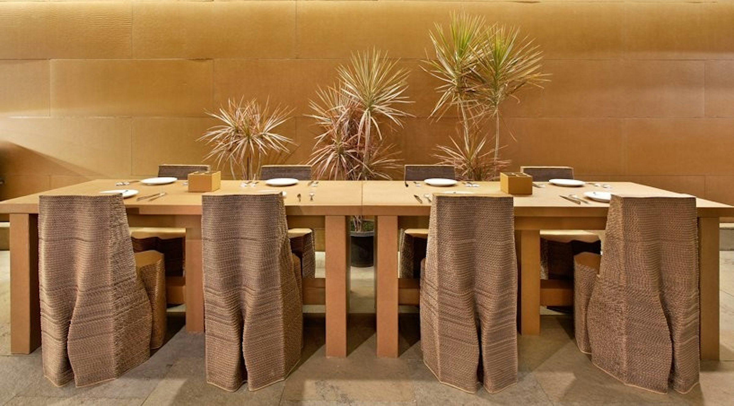 Mumbai, Cafe, cardboard, , Architecture, Design, Cardboard box, Corrugated fiberboard, Box, Interieur, cardboard, Table, Furniture, Room, Interior design, Outdoor table, Tree, Chair, Plant, Building