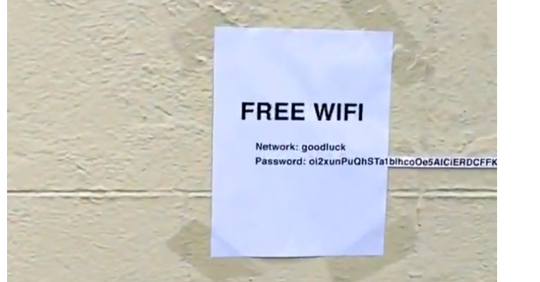 照片中提到了FREE WIFI、Network: goodluck、Password: o12xunPuQhSTa1bihcoOe5AICiERDCFFK，跟弗雷·威勒有關，包含了擺脫監獄、紙、長方形、走出免費監獄卡、牌