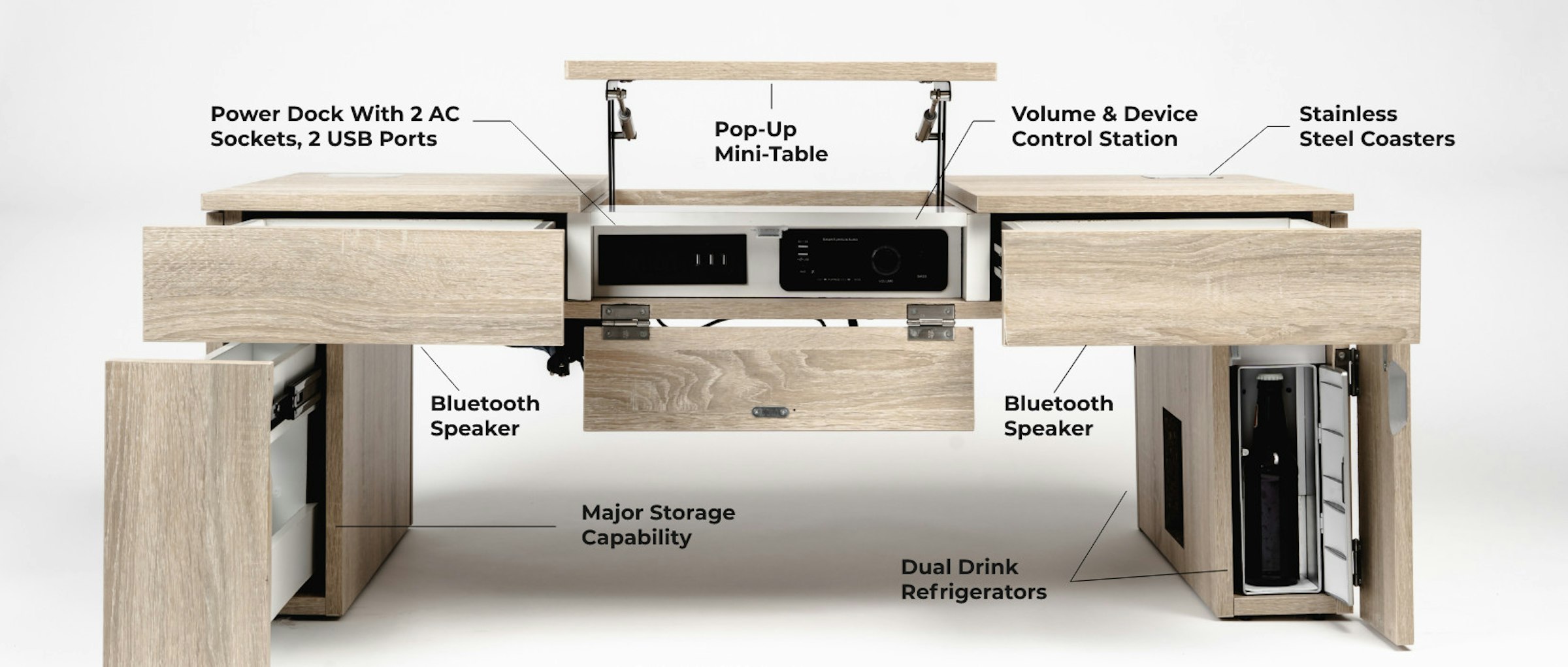照片中提到了Power Dock With 2 AC、Volume & Device、Control Station，包含了台、表、台、咖啡桌、家具類