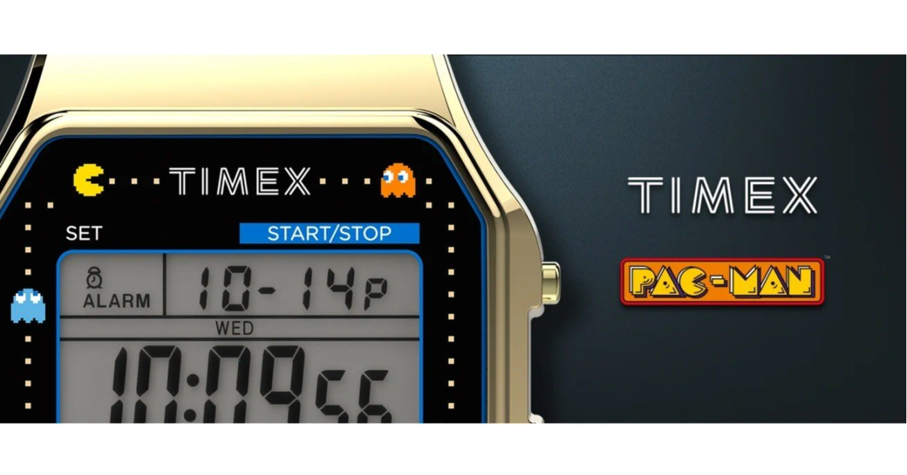 照片中提到了C..TIMEX:、TIMEX、SET，包含了吃豆人、吃豆人、女士Timex Pac-Man T80數字手鍊手錶、看、天美時