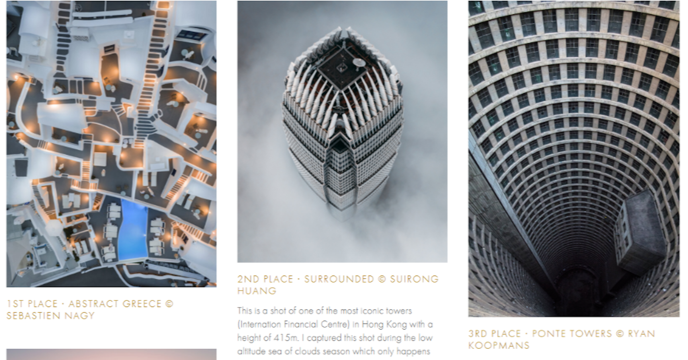 照片中提到了2ND PLACE - SURROUNDED © SUIRONG、HUANG、1ST PLACE - ABSTRACT GREECE O，包含了建築、建築、產品設計、設計、牌
