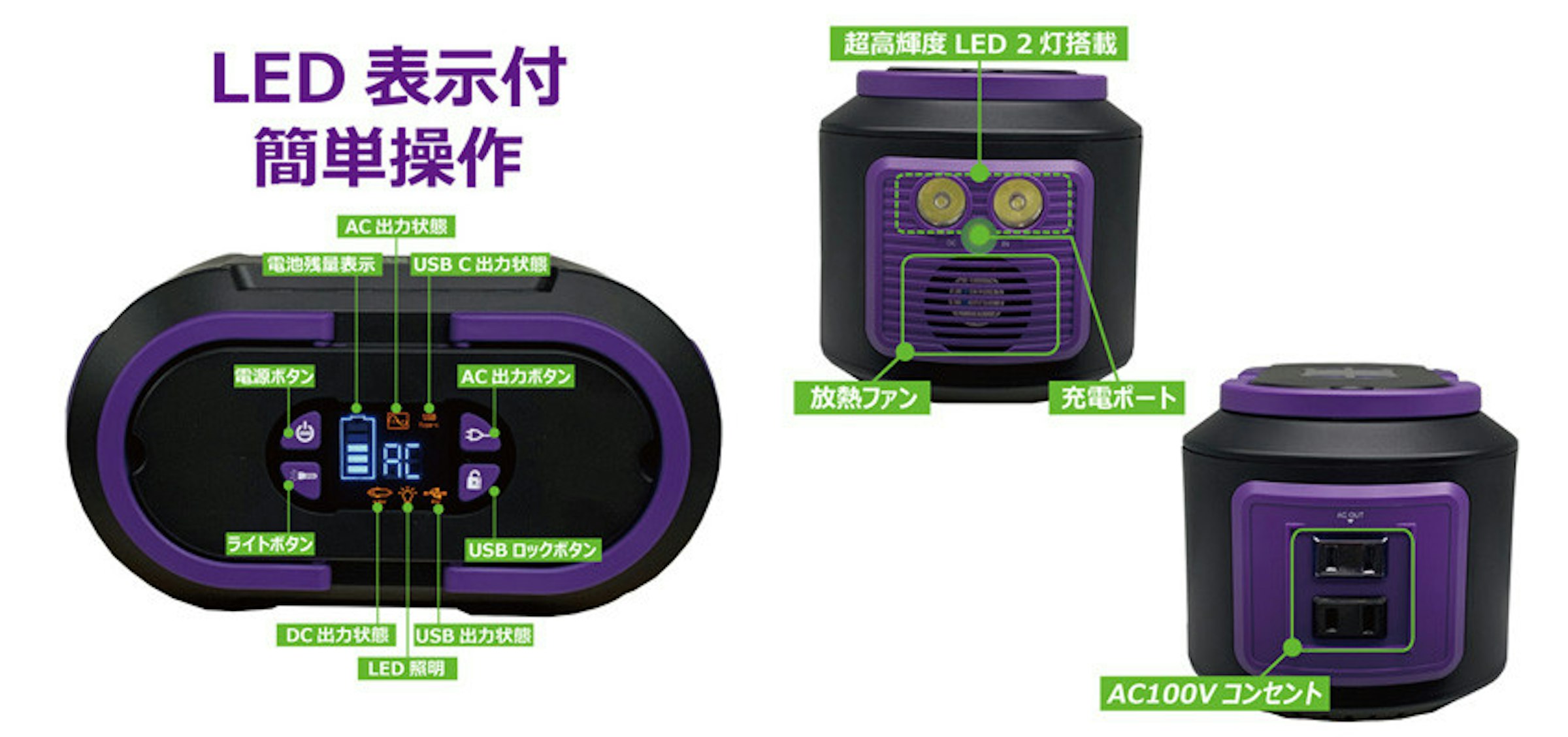 照片中提到了超高輝度 LED 2灯搭載、LED表示付、簡単操作，包含了硬件、AC適配器、電源、新世紀福音戰士、充電寶