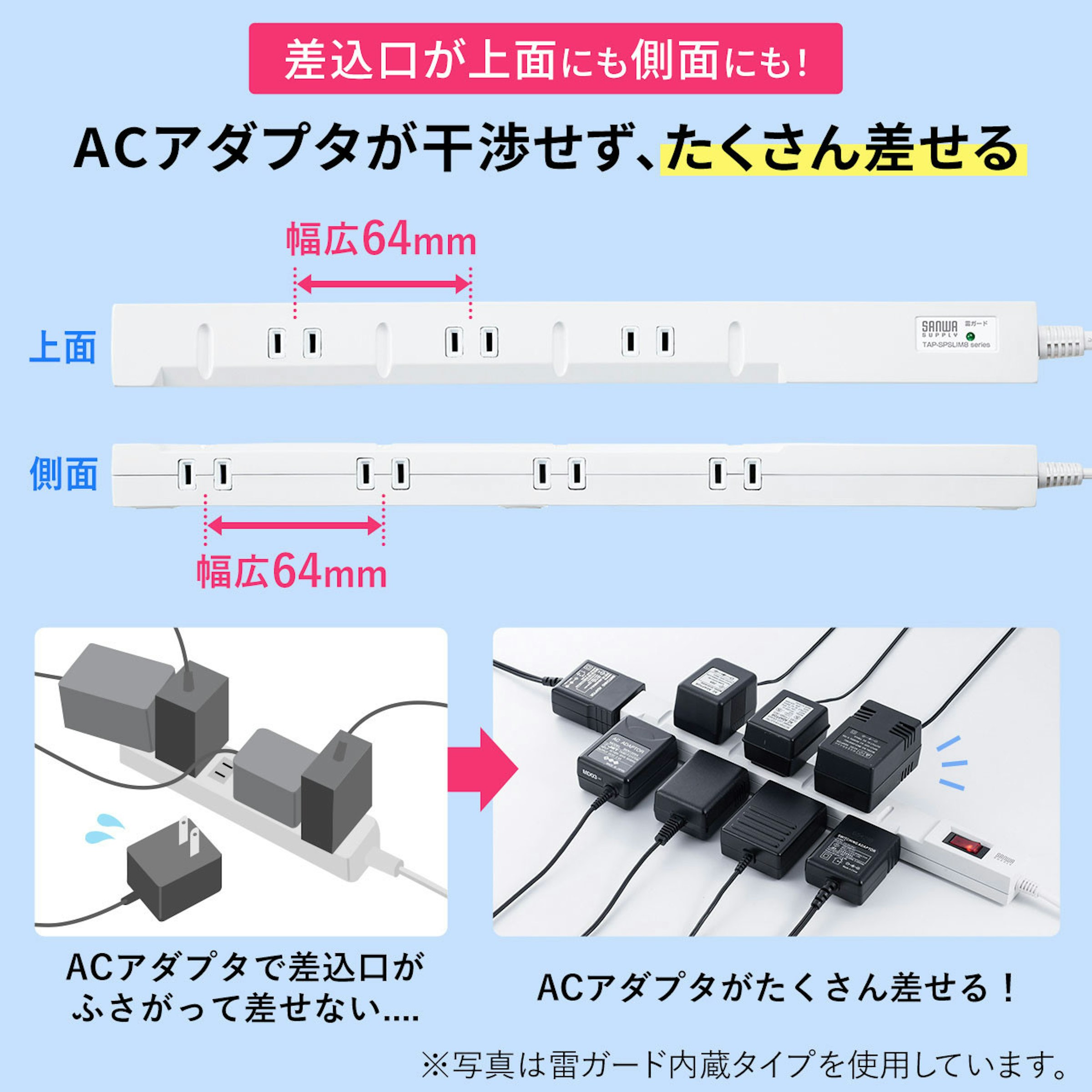 照片中提到了差込口が上面にも側面にも!、ACアダプタが干渉せず、たくさん差せる、幅広64mm，包含了電子配件、AC適配器、充電ンワサプライスリムUSB充電機能付きタップ、サンワサプライスリムタップ、サンワサプライスリム雷ガードタップ