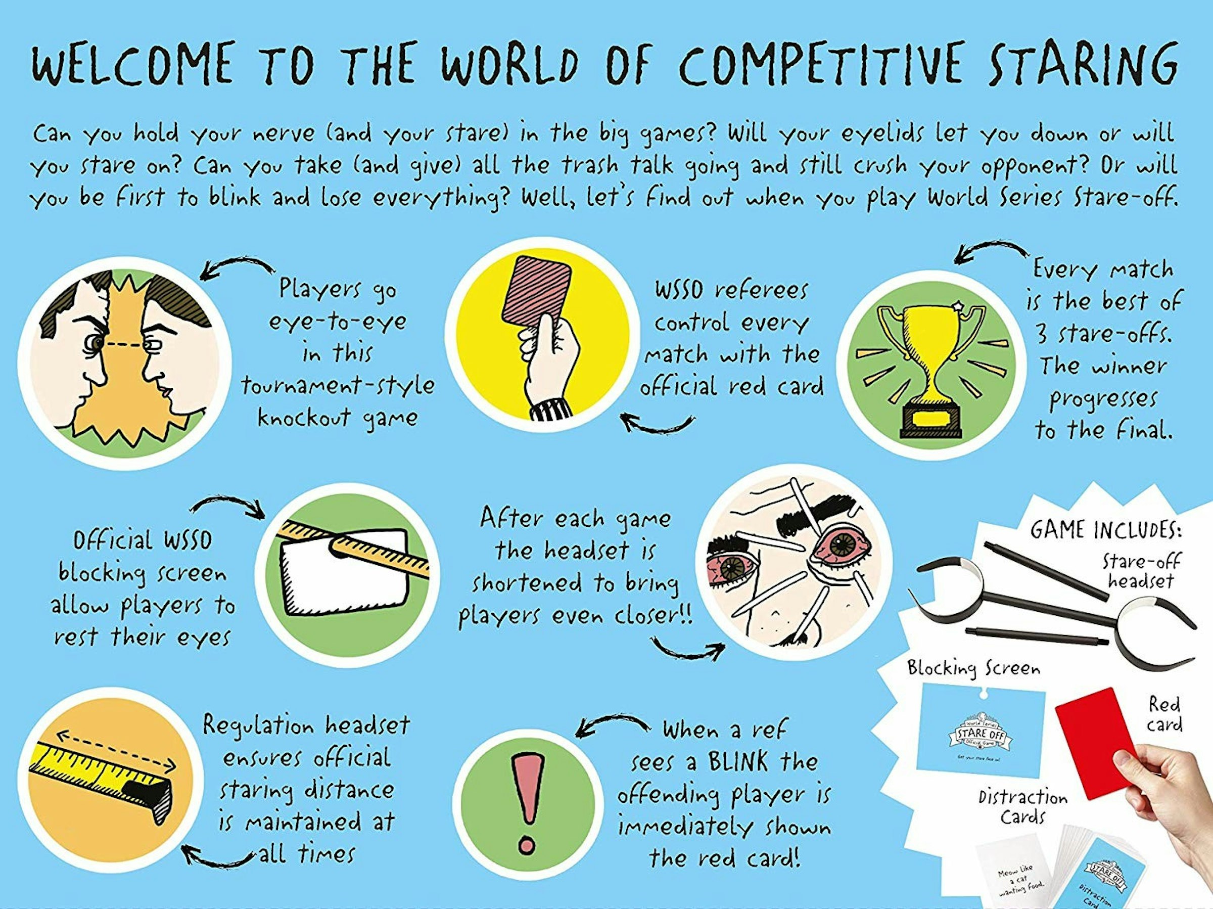 照片中提到了WELCOME TO THE WORLD OF COMPETITIVE STARING、Can you hold your nerve land your stare) in the big games? will your eyelids let you down or will、You stare on? Can you take (and give) all the trash talk going and still crush your opponent? Or will，包含了人類行為、亞馬遜網、約翰·亞當斯休閒有限公司、你凝視著、AusgewählteArtikel