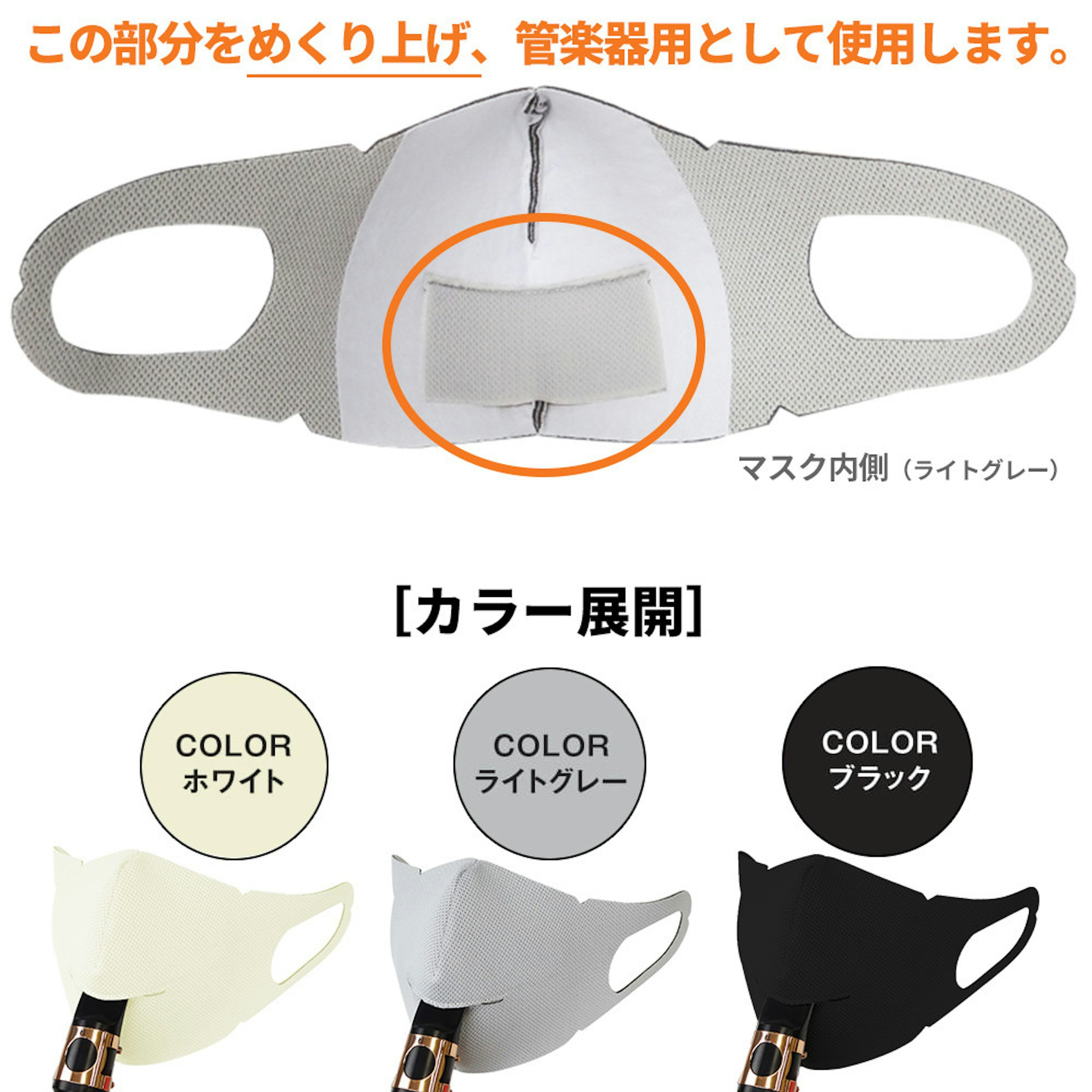 照片中提到了この部分をめくり上げ、管楽器用として使用します。、マスク内側(ライトグレー)、[カラー展開)，包含了時尚配飾、面具、洗手、管樂器、2019–20年冠狀病毒大流行
