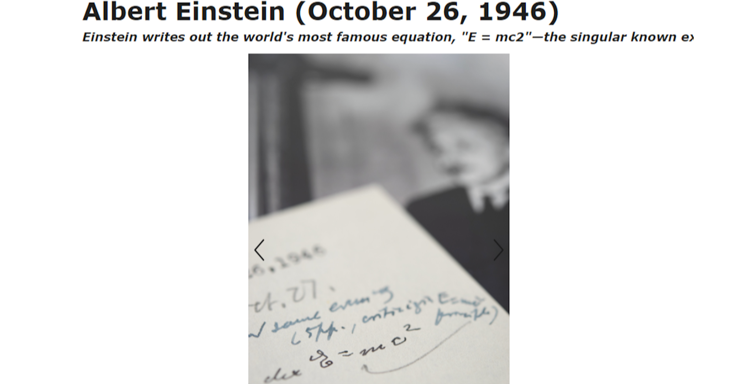 照片中提到了Albert Einstein (October 26, 1946)、Einstein writes out the world's most famous equation, "E = mc2"-the singular known ex、N same ein，包含了手寫、手寫、書法、紙、寫作