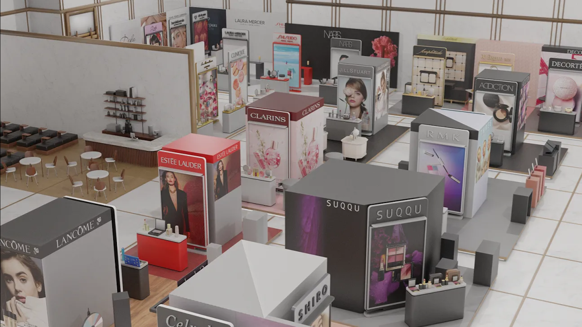 照片中提到了LAURA MERCIER、SHI、NAES，跟雅詩蘭黛公司、嬌韻詩有關，包含了展覽、伊勢丹、悲熊、伊勢丹三越控股有限公司、岡山精製