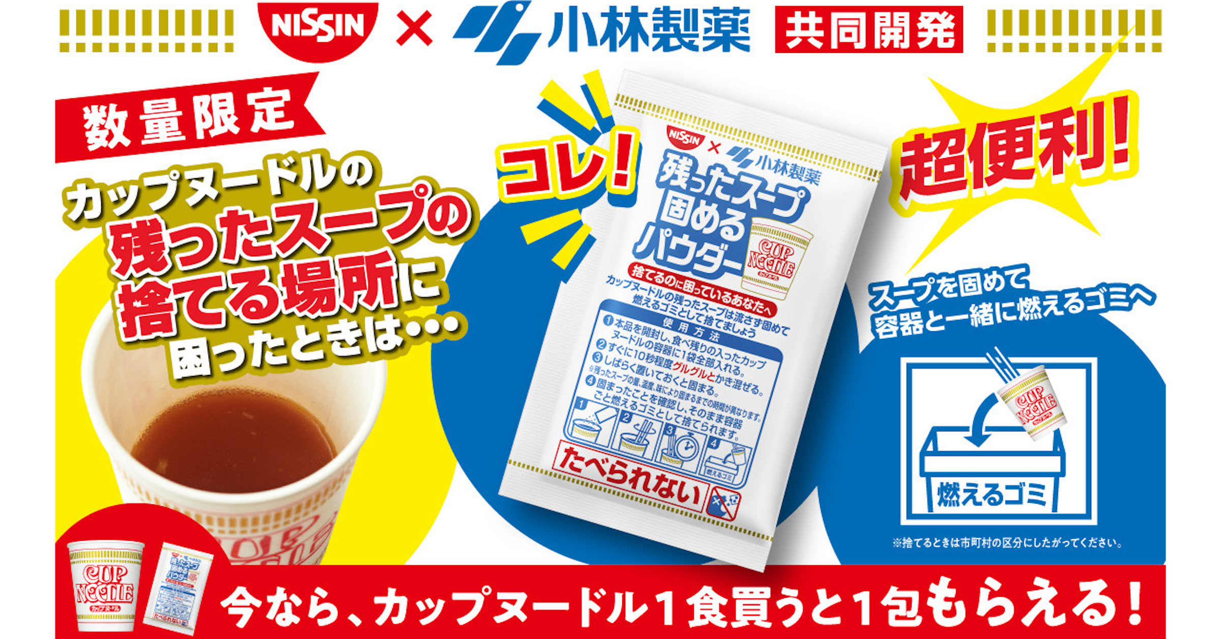 照片中提到了NISSIN × 小林製薬 共同開発、超便利!、NSSIN × 小林製薬，跟日清食品有關，包含了小林制薬、杯麵、粉末、美食
