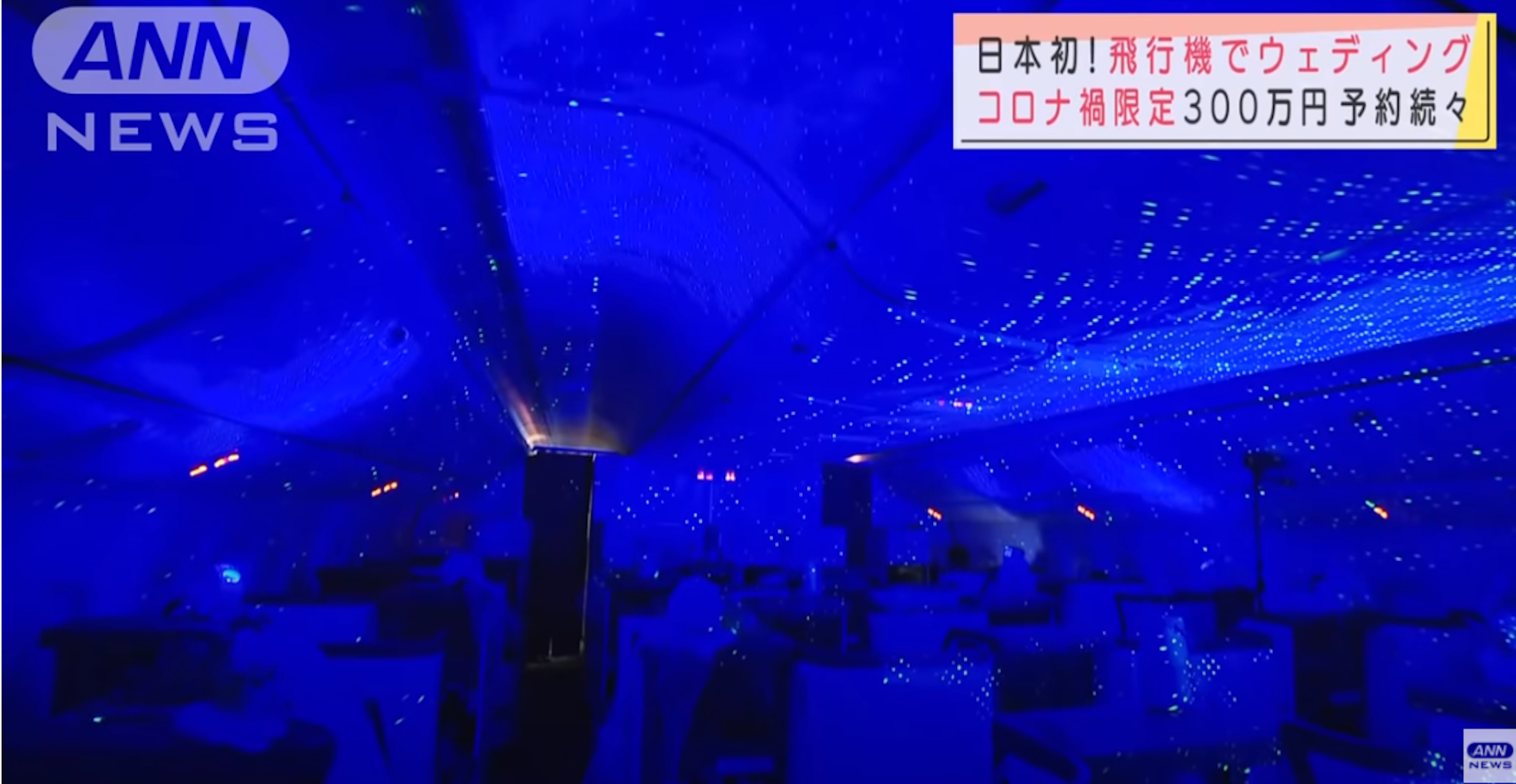 照片中提到了ANN、日本初!飛行機でウェディング、コロナ禍限定300万円予約続々，包含了鈷藍色、馬若雷勒·藍、鈷藍/ M、鈷藍/ M、圖形