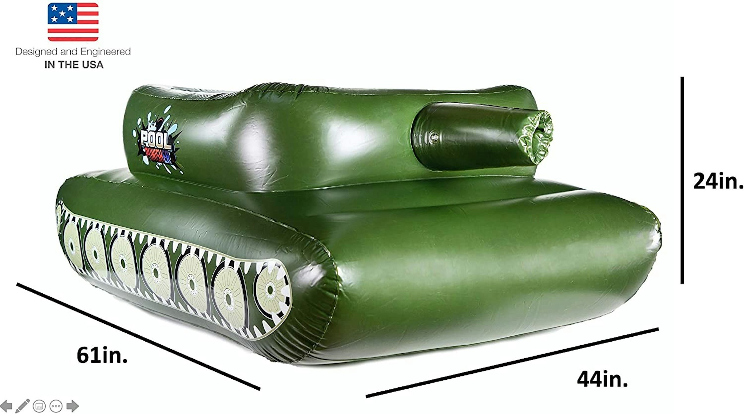 照片中提到了Designed and Engineered、IN THE USA、POOL，跟收費組有關，包含了充氣式、泳池懲罰器充氣玩具，帶噴槍游泳配件，適合兒童，青少年和成人、充氣式、命運、水槍