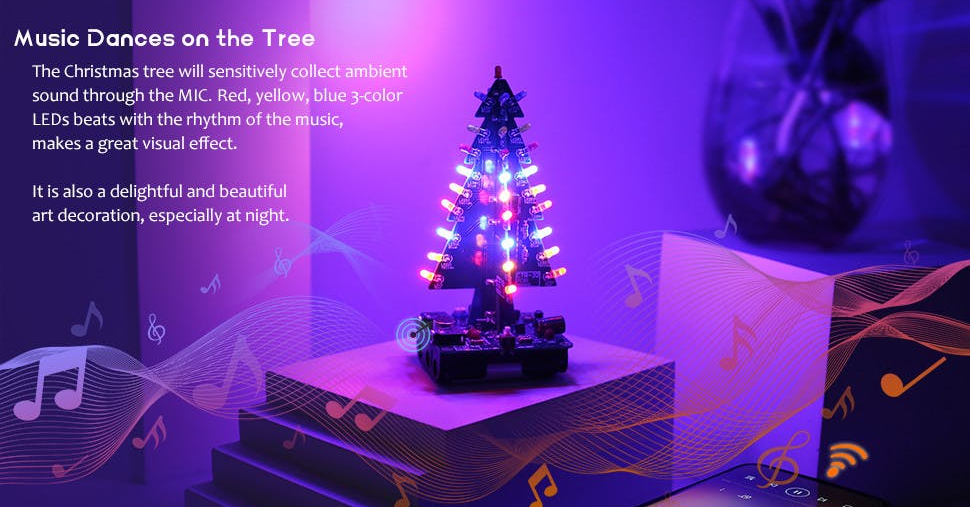 照片中提到了Music Dances on the Tree、The Christmas tree will sensitively collect ambient、sound through the MIC. Red, yellow, blue 3-color，包含了平面設計、平面設計、設計、支持的、開幕