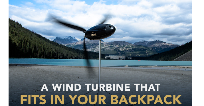 照片中提到了shine、A WIND TURBINE THAT、FITS IN YOUR BACKPACK，包含了班夫國家公園、風力發電機、功率、風、風力