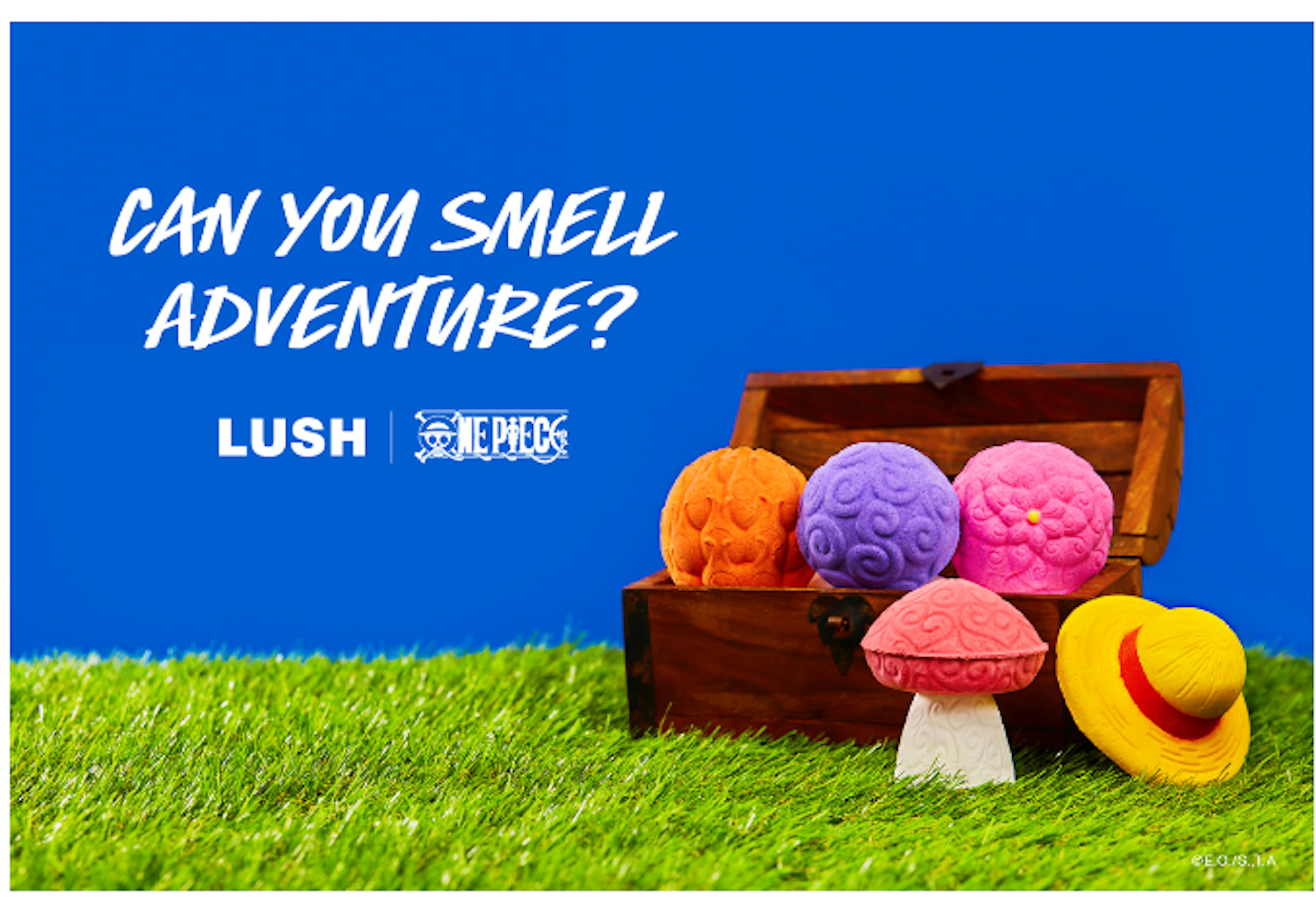 照片中提到了CAN YOU SMELL、ADVENTURE?、LUSH NE PIECE，跟鬱鬱蔥蔥有關，包含了草、猴子D.路飛、一塊、惡魔果實、漫畫