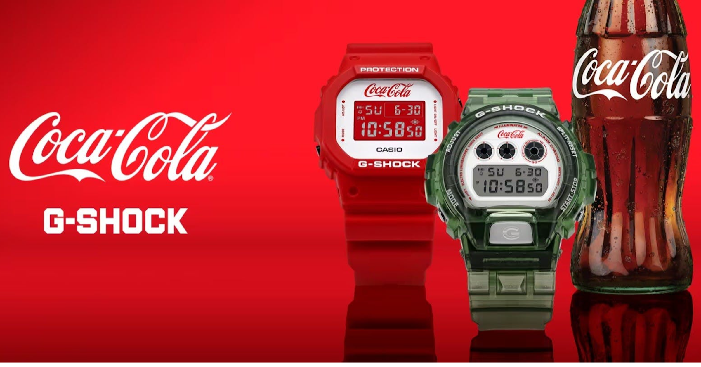 照片中提到了Coca-Cola、G-SHOCK、PROTECTION，跟可口可樂、可口可樂有關，包含了可口可樂、G打擊、可樂、碳酸飲料