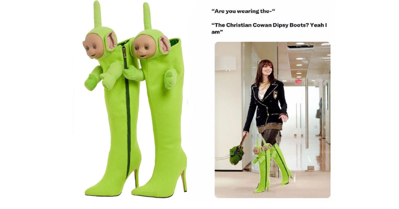 照片中提到了"Are you wearing the-"、"The Christian Cowan Dipsy Boots? Yeah I、am”，包含了天線寶寶靴、天線寶寶、開機、天線寶寶、天線寶寶 8 會說話的 Dipsy 毛絨毛絨玩具